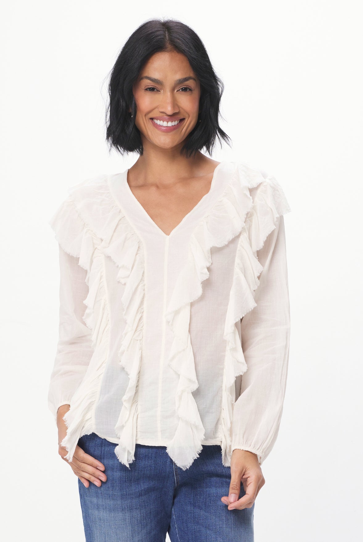 Regello Sheer Cotton Blouse With Front Frill - Suzy D London