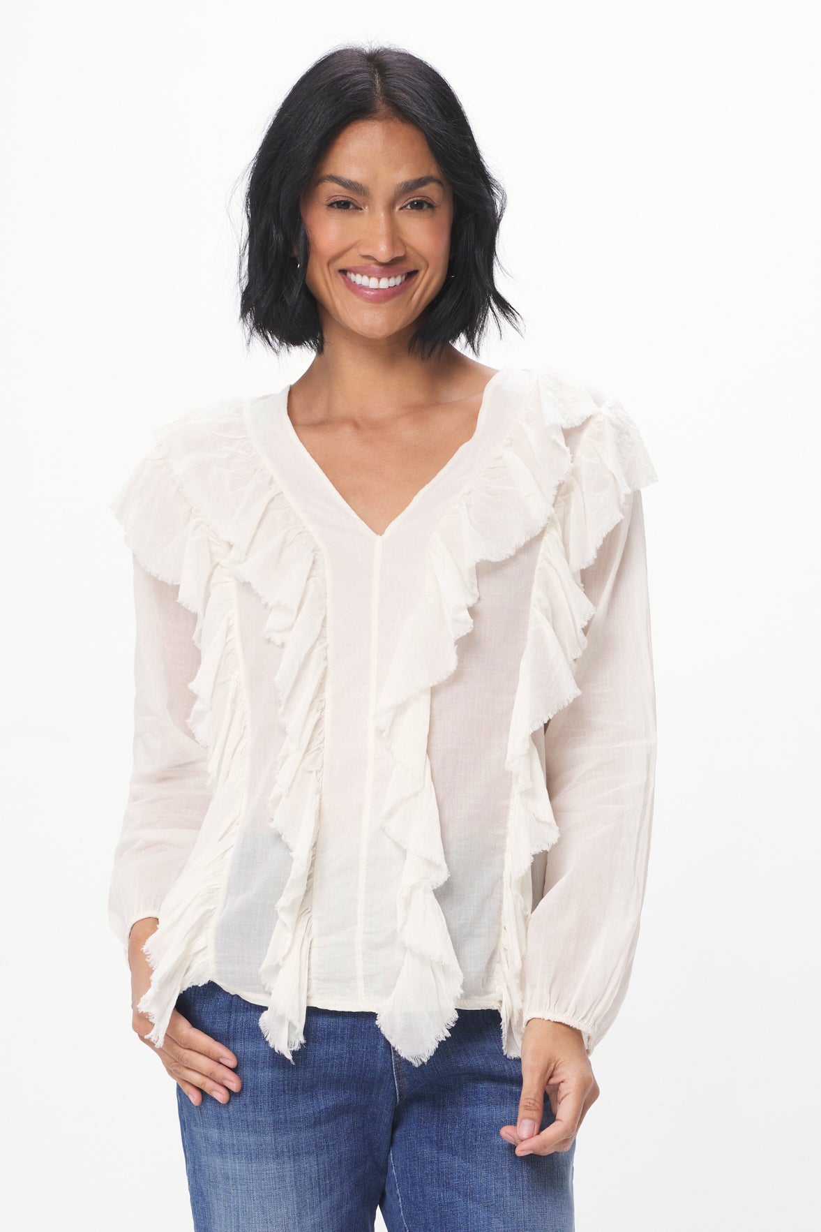 Regello Sheer Cotton Blouse With Front Frill - Suzy D London