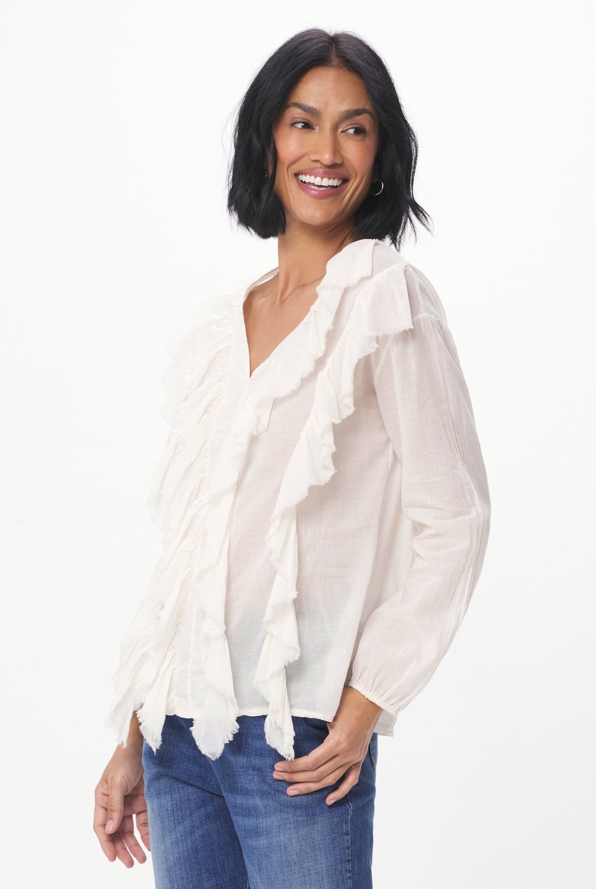 Regello Sheer Cotton Blouse With Front Frill - Suzy D London