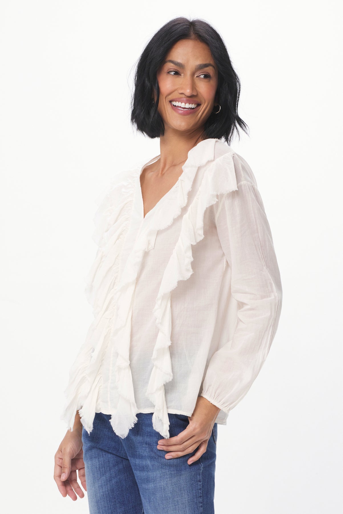 Regello Sheer Cotton Blouse With Front Frill - Suzy D London