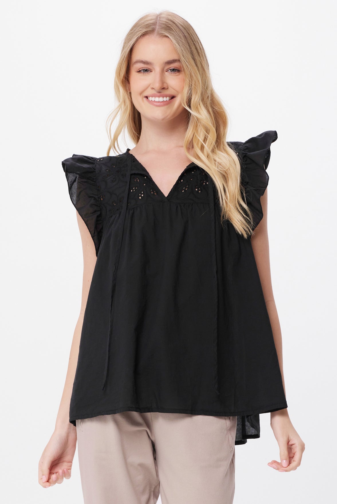 Roma Cotton Frill Sleeve Top With Broderie Anglais - Suzy D London