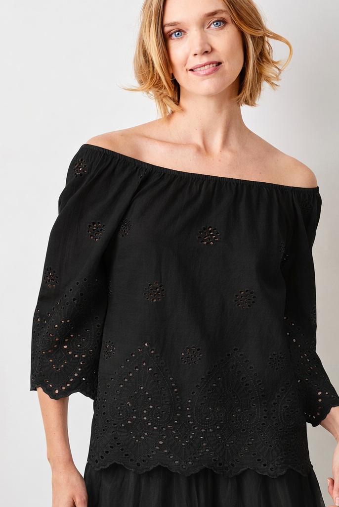 Whimsy Broderie Anglaise Bardot Wide Sleeve top - Suzy D London