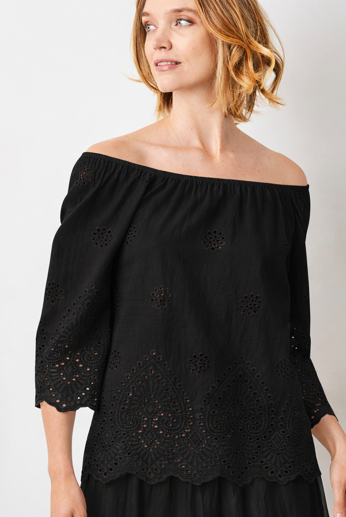 Whimsy Broderie Anglaise Bardot Wide Sleeve top - Suzy D London
