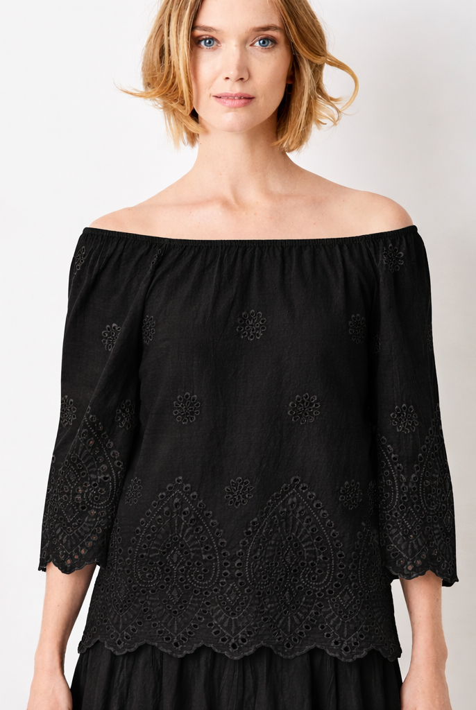Whimsy Broderie Anglaise Bardot Wide Sleeve top - Suzy D London