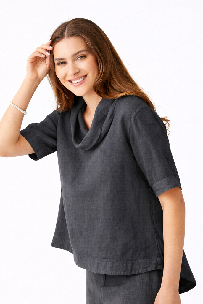 Salamanca Cowl Neck HI Lo Linen Tee - Suzy D London