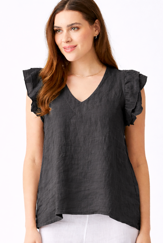 Santiago V Neck Frill Sleeve Linen Tee - Suzy D London
