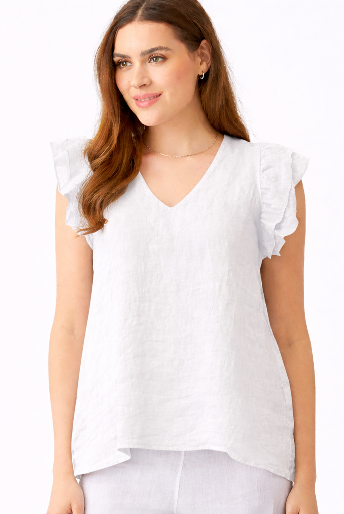 Santiago V Neck Frill Sleeve Linen Tee - Suzy D London