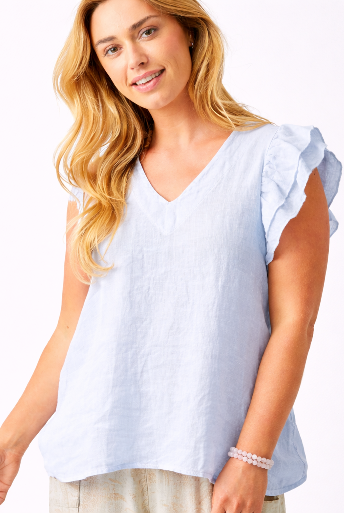Santiago V Neck Frill Sleeve Linen Tee - Suzy D London