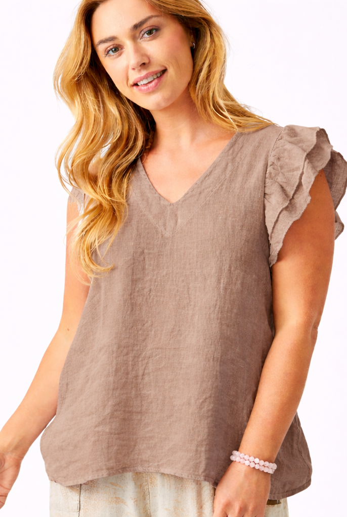 Santiago V Neck Frill Sleeve Linen Tee - Suzy D London
