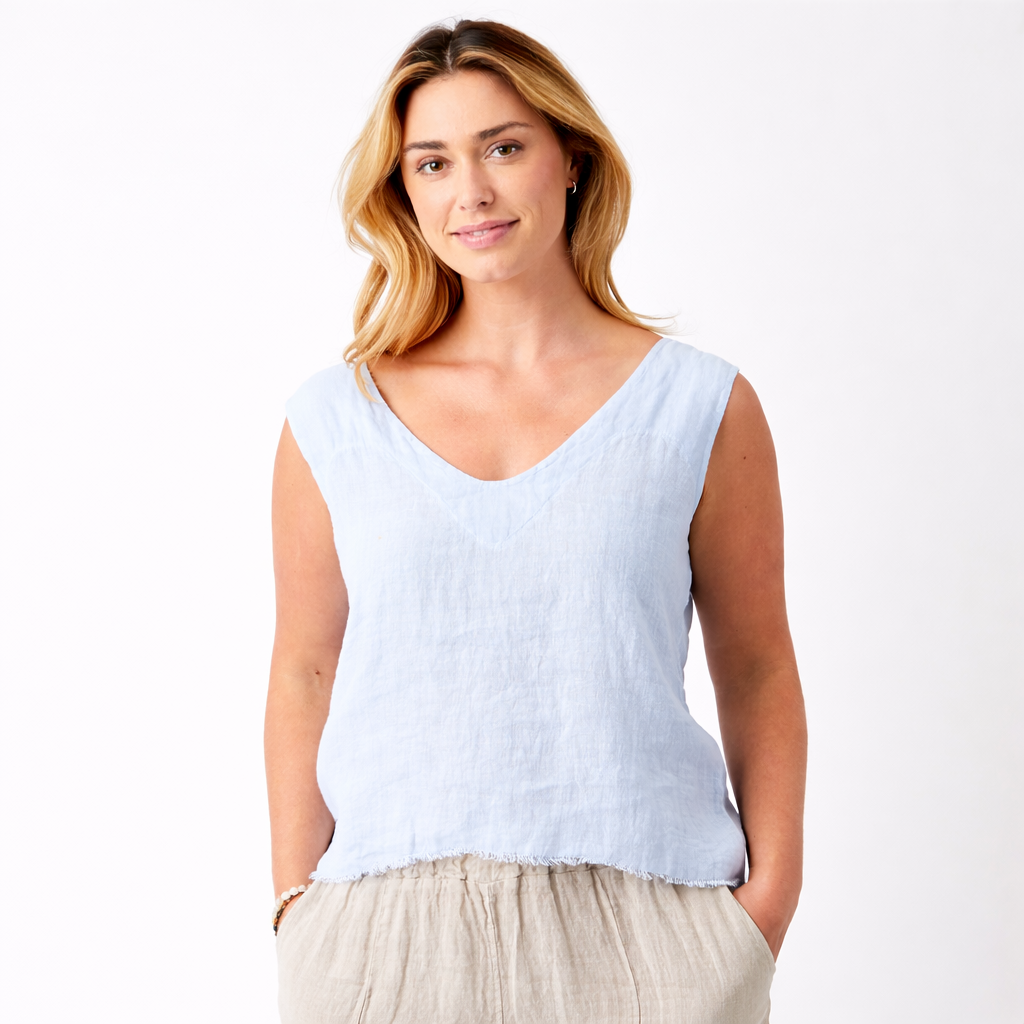 Saskia Linen V-Neck Sleeveless Shirt Top - Suzy D London