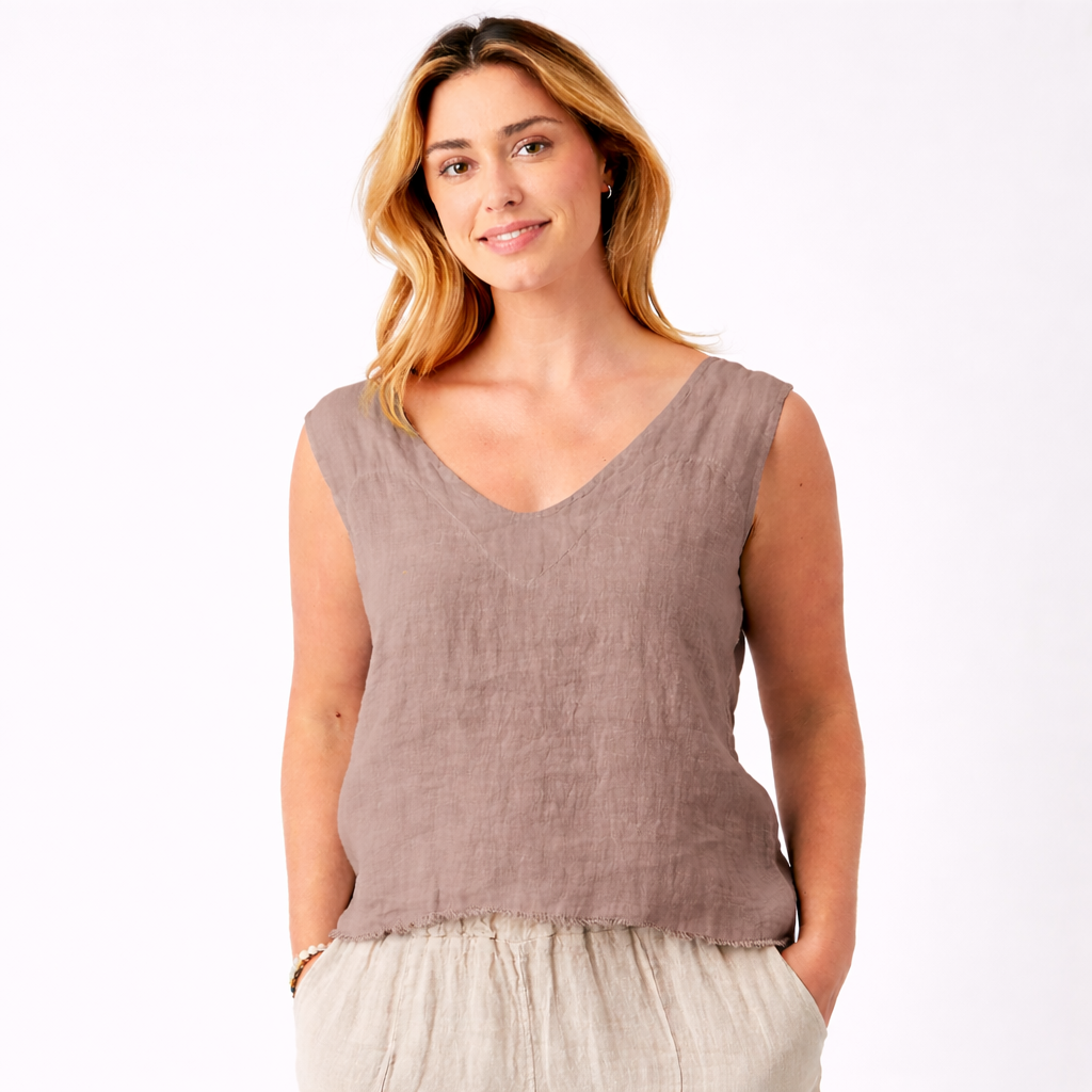 Saskia Linen V-Neck Sleeveless Shirt Top - Suzy D London