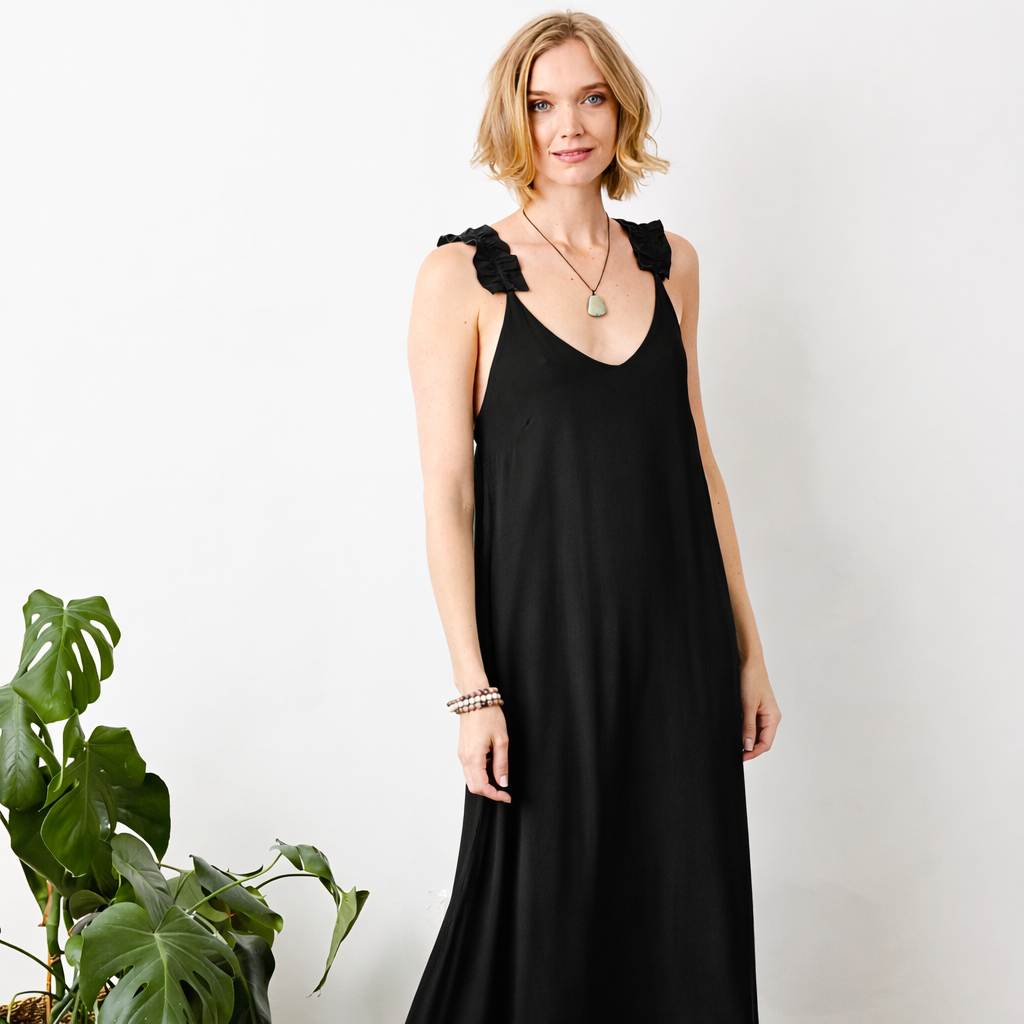 Geranium Crepe Maxi Dress With Frill Straps - Suzy D London