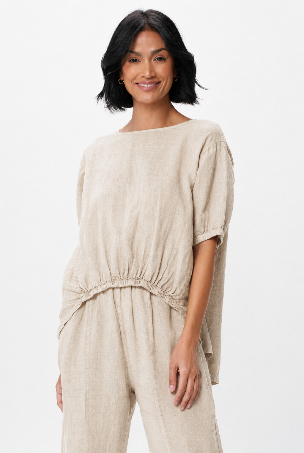 Sybil Linen Elasticated Front Hi Lo Top - Suzy D London