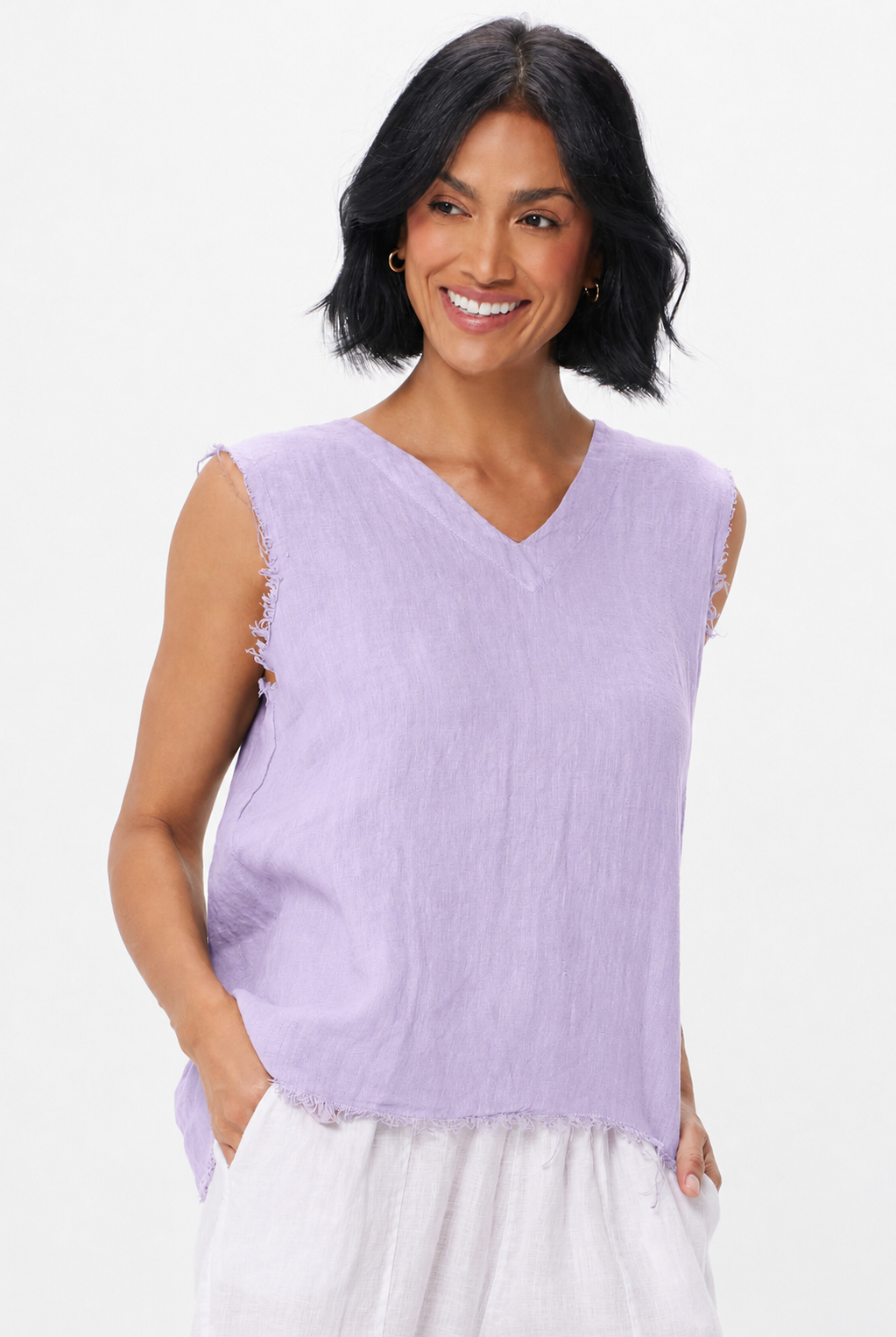Sequoia Linen Fringed Hem Sleeveless Top - Suzy D London