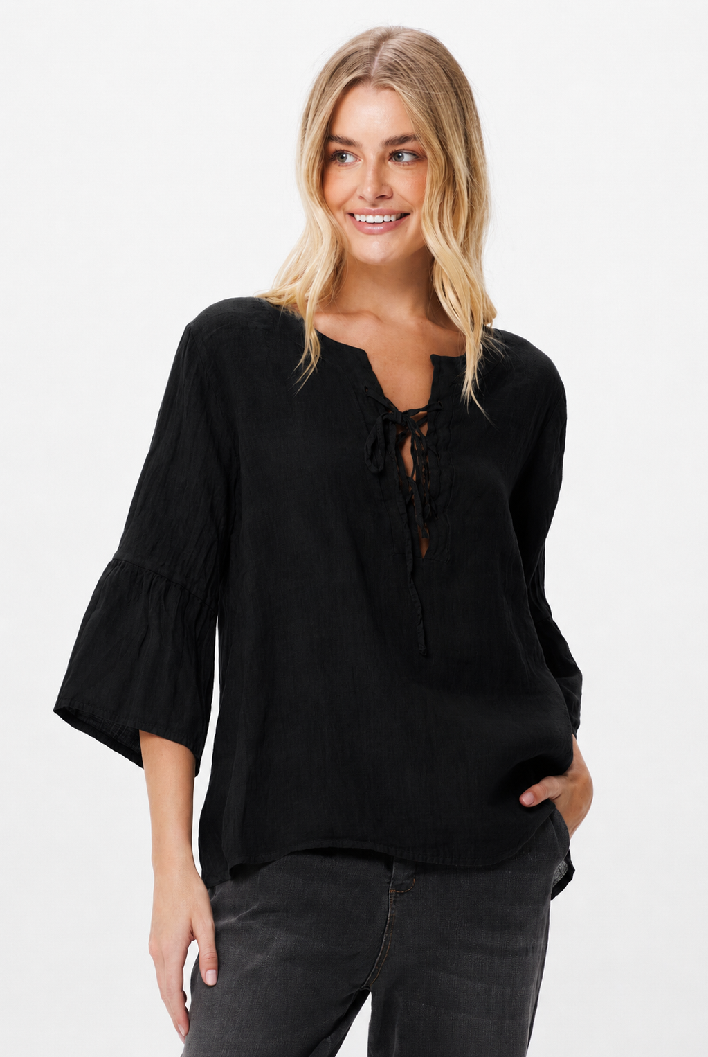 Sawyer Linen Tie Front Frill Sleeve Top - Suzy D London
