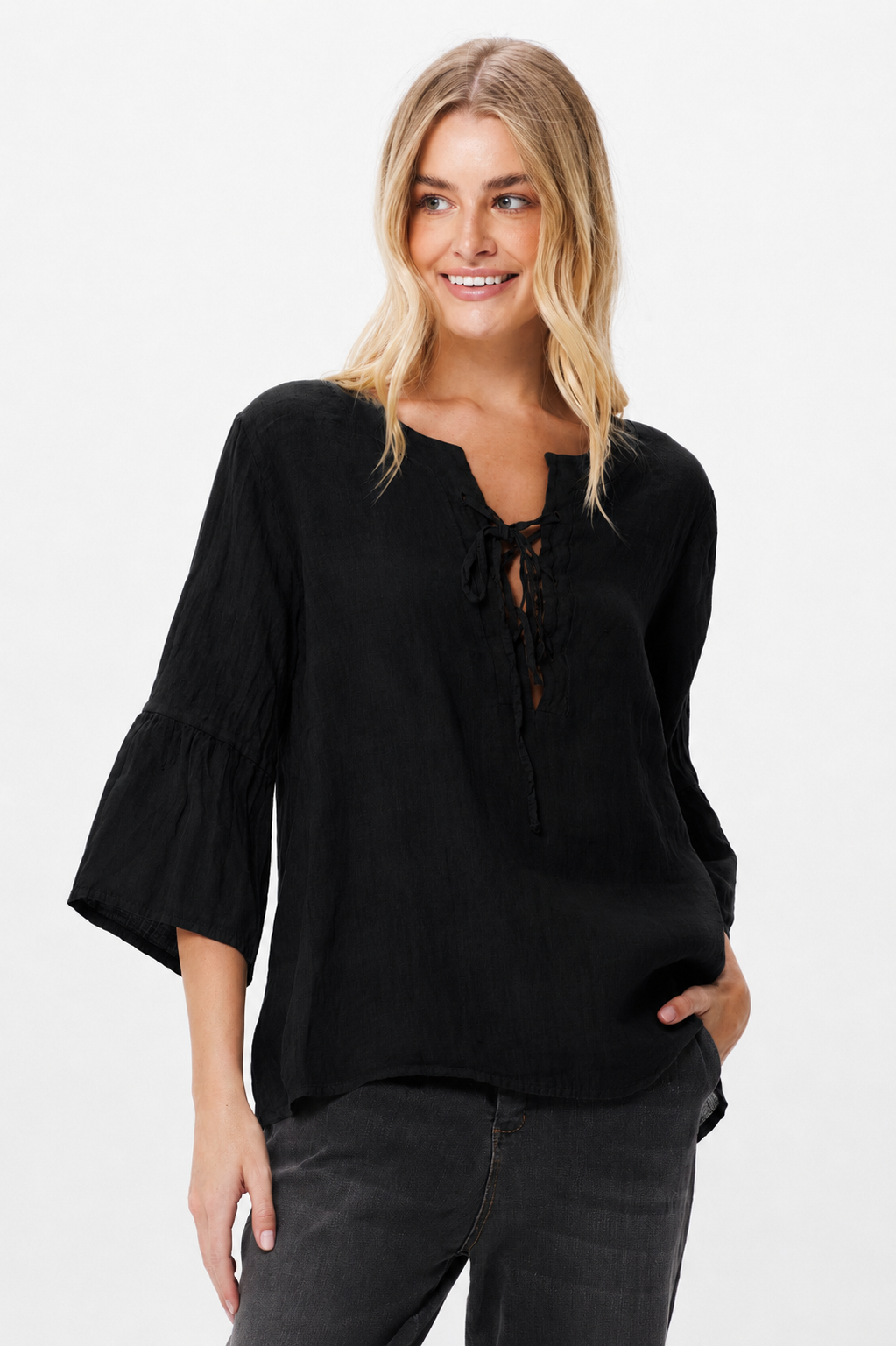 Sawyer Linen Tie Front Frill Sleeve Top - Suzy D London