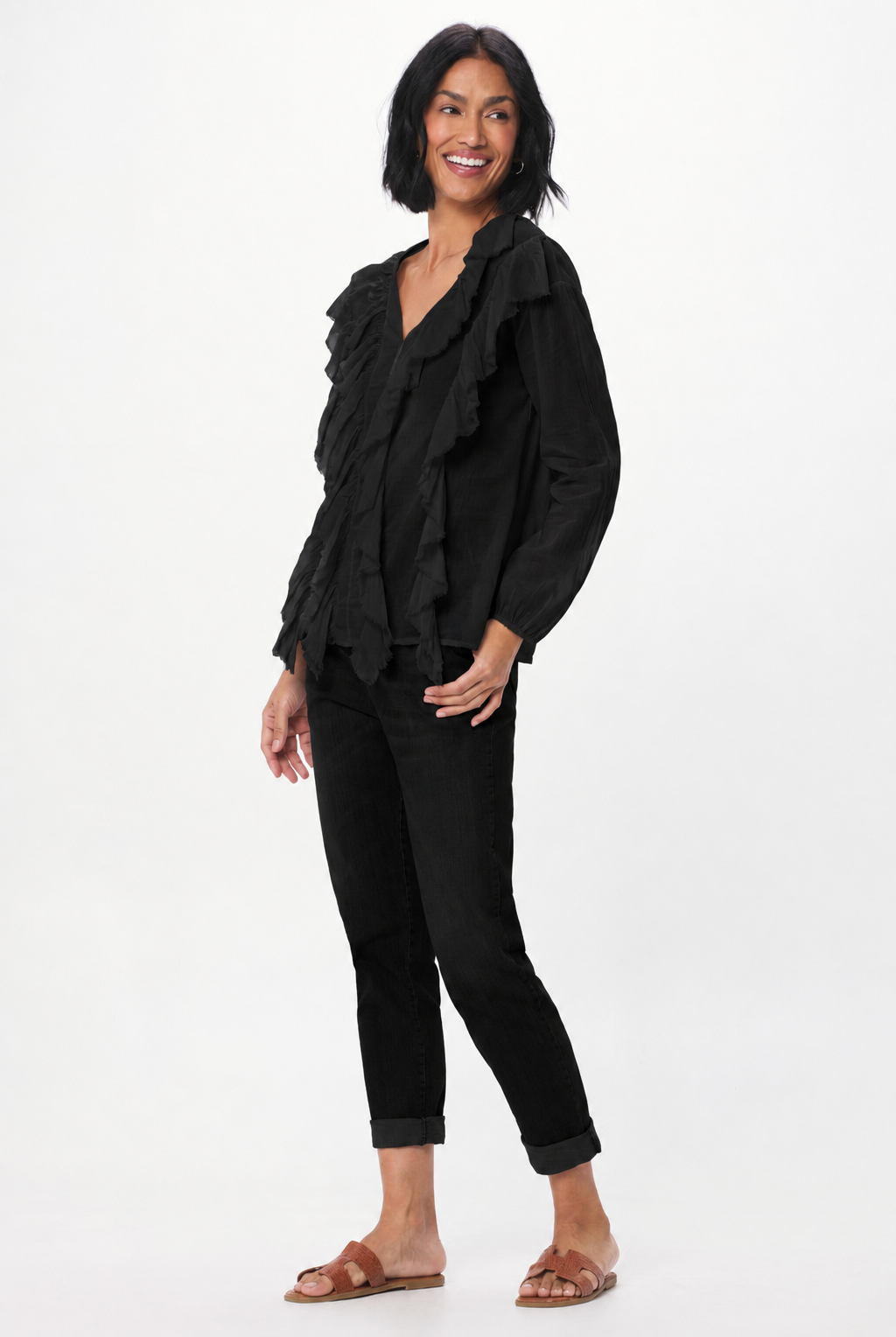 Regello Sheer Cotton Blouse With Front Frill - Suzy D London