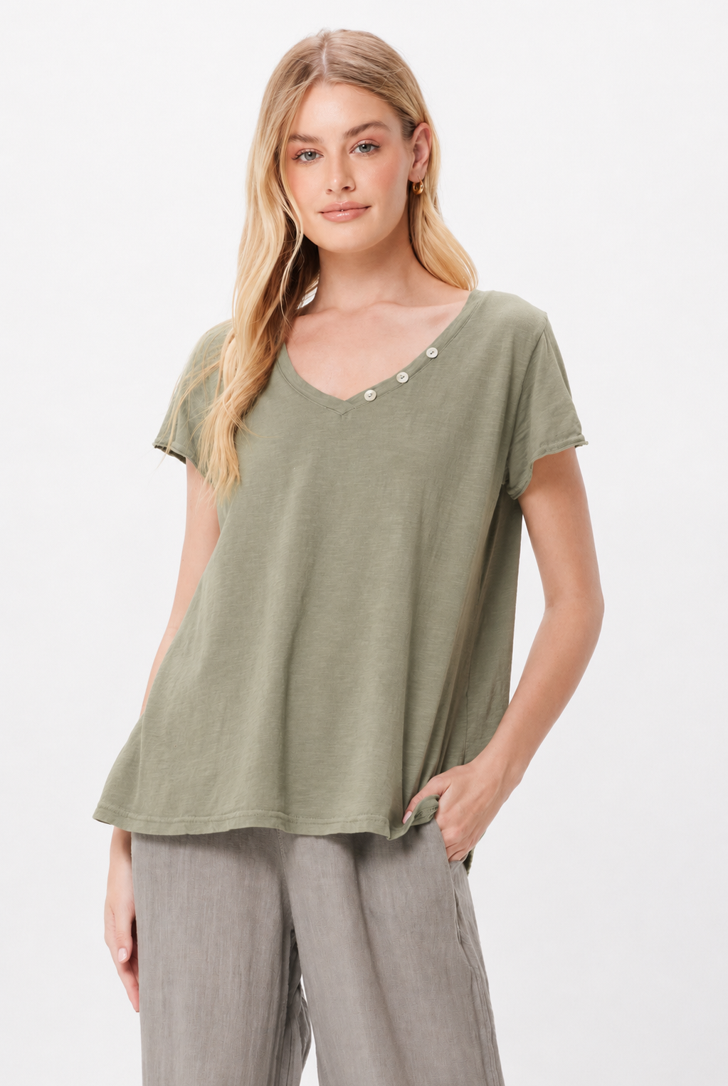 Blake V-Neck Tee With 3 Button Detail - Suzy D London