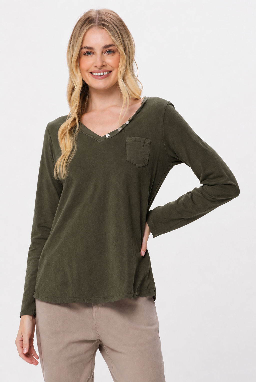 Blair Long Sleeve Top With Button Detail - Suzy D London