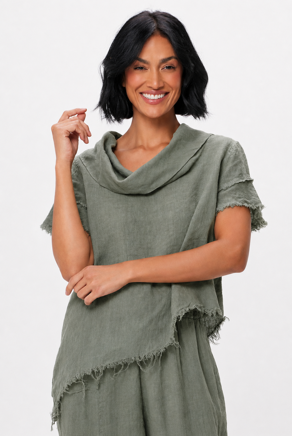 Sola Linen Cowl Neck Fringed Asymetric Top - Suzy D London
