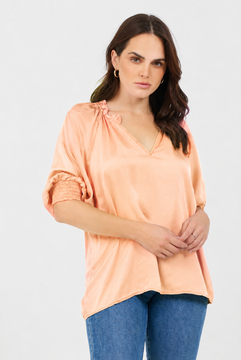 Portia Satin Ruffle V Neck Top - Suzy D London