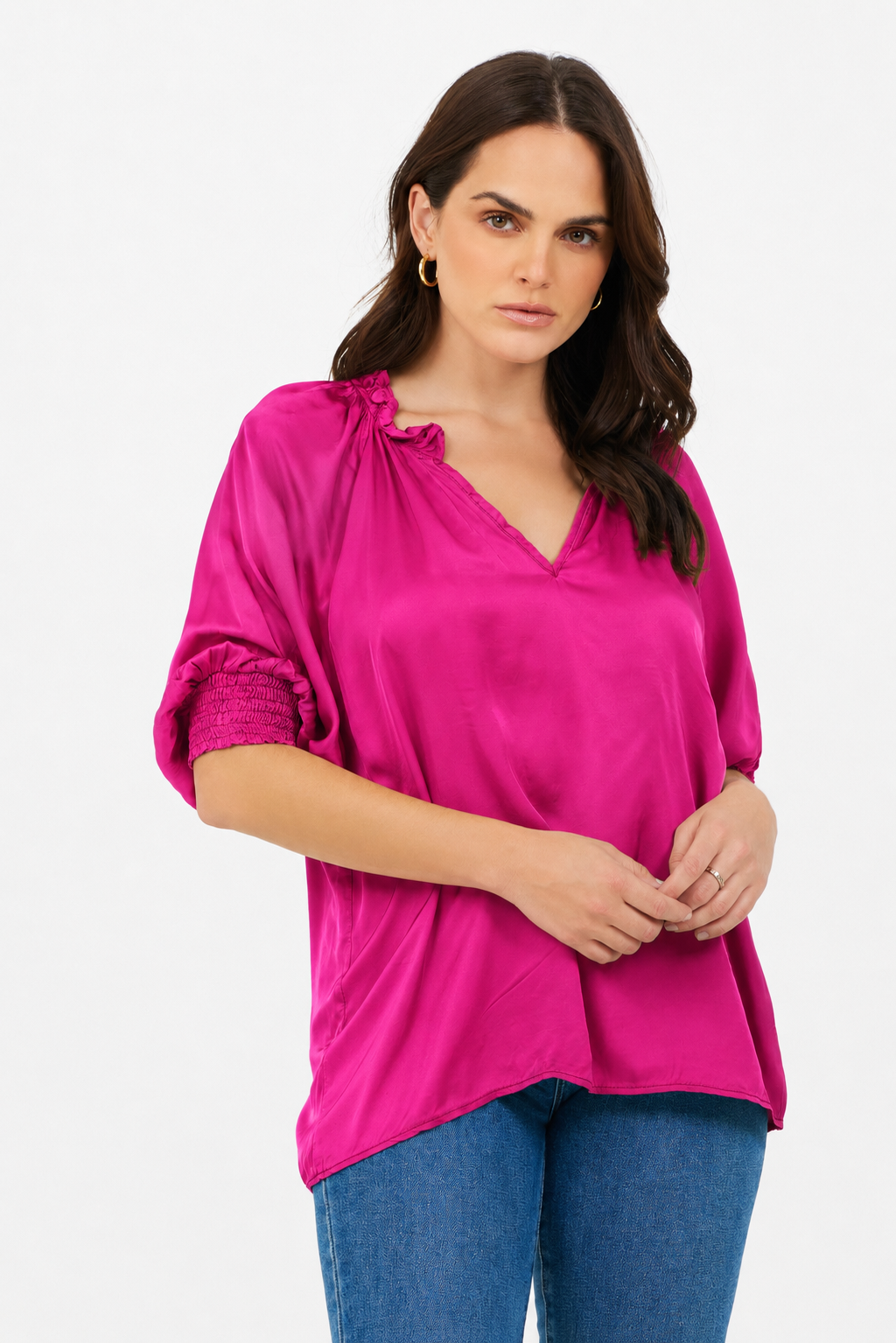 Portia Satin Ruffle V Neck Top - Suzy D London