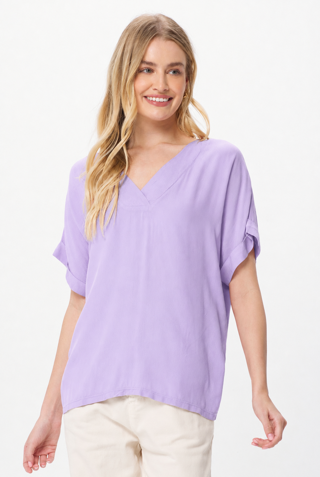 Kashmir Crepe Front Jersey Back V Neck Tee - Suzy D London