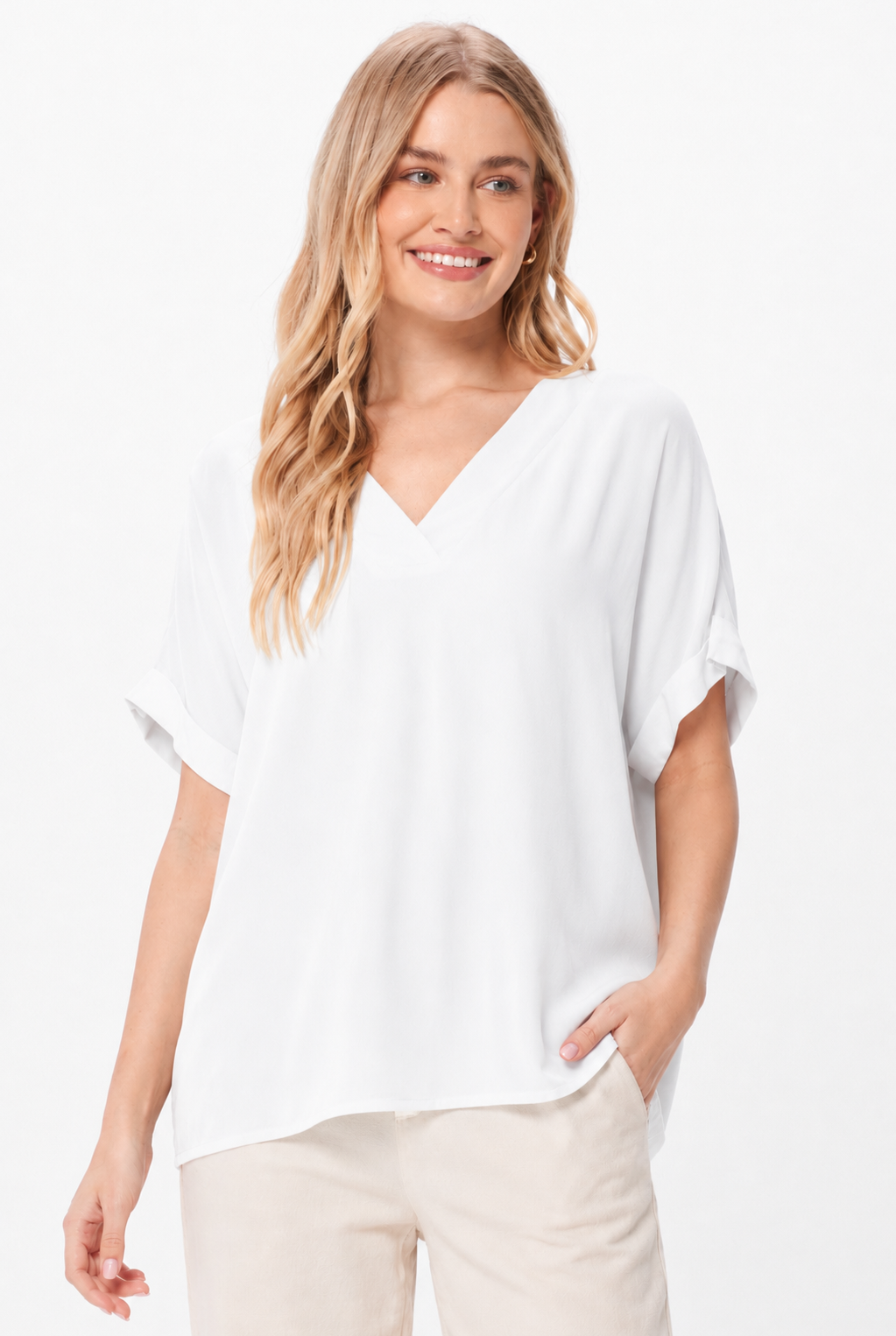 Kashmir Crepe Front Jersey Back V Neck Tee - Suzy D London