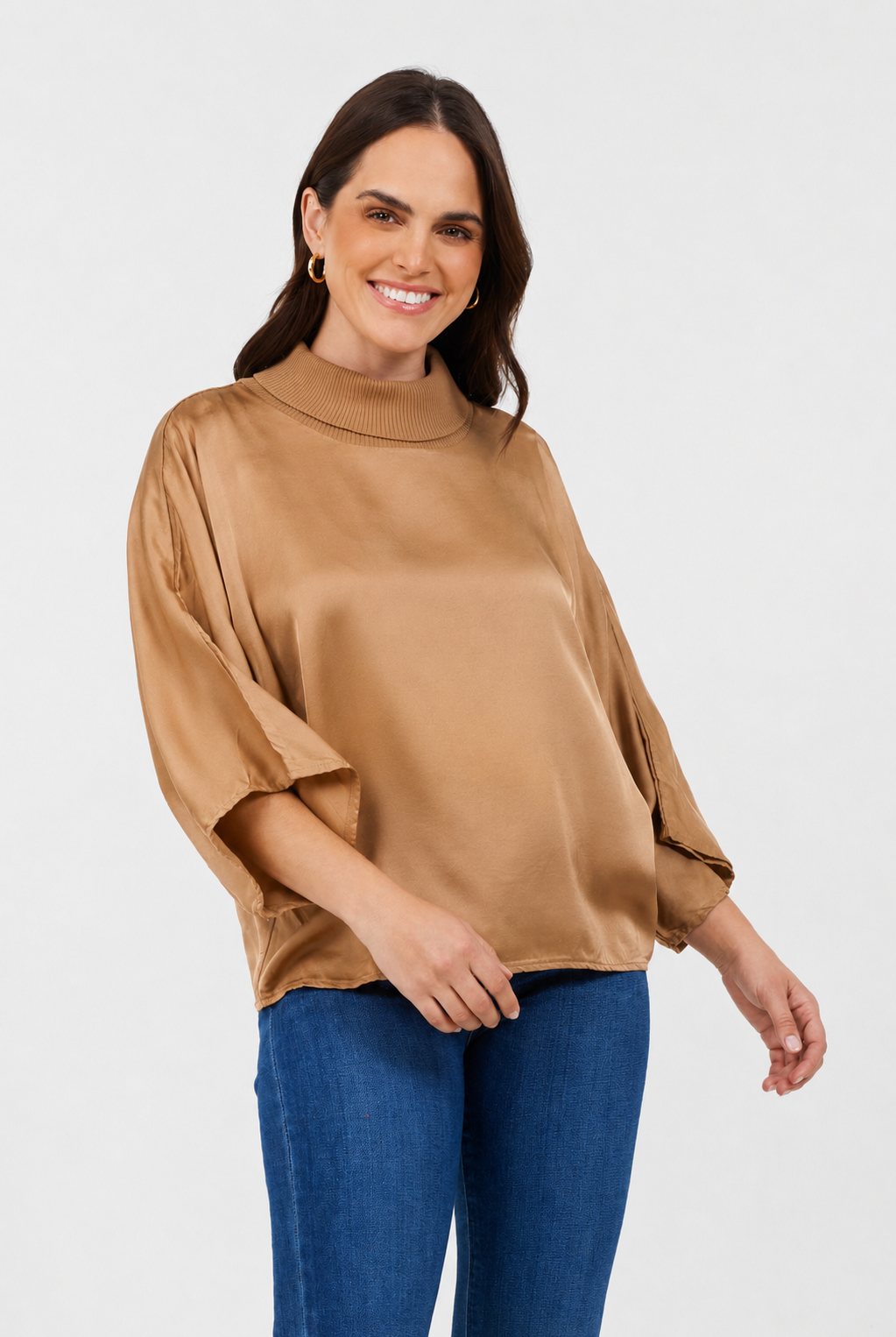 Jonah Satin Batwing Top With Ribbed Neck - Suzy D London