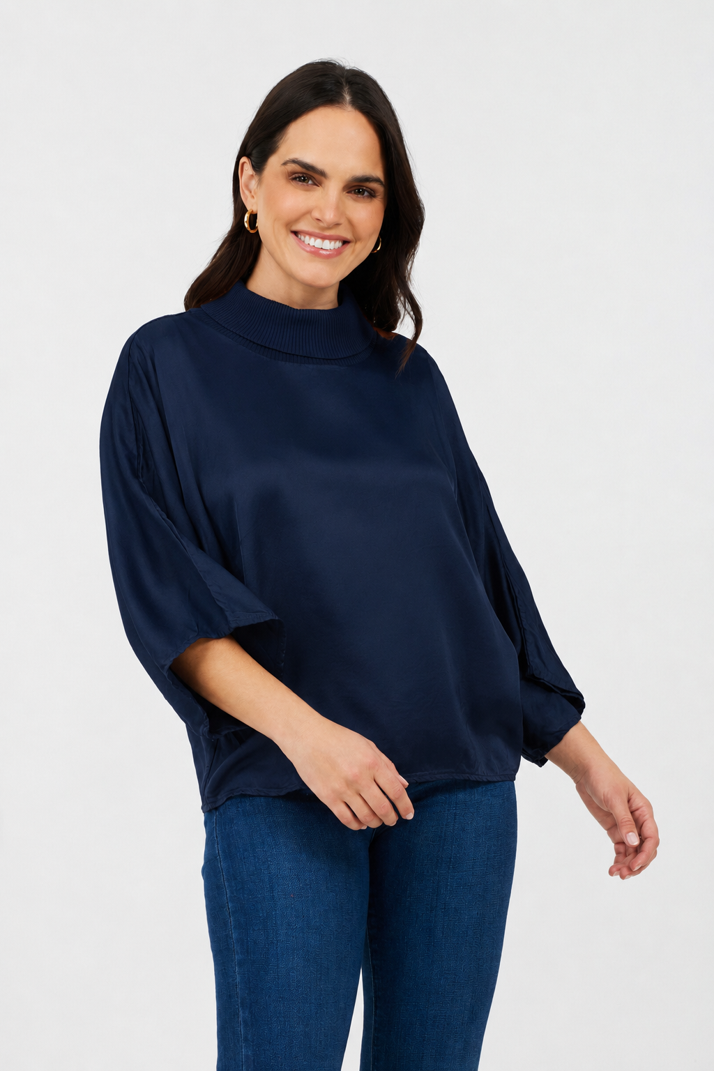 Jonah Satin Batwing Top With Ribbed Neck - Suzy D London