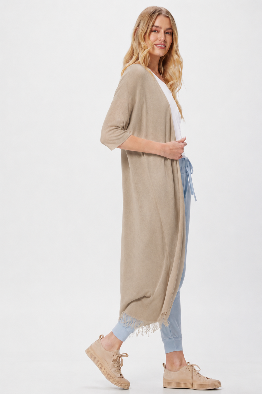 Flower Modal Knit Long Cardi With Fringing - Suzy D London