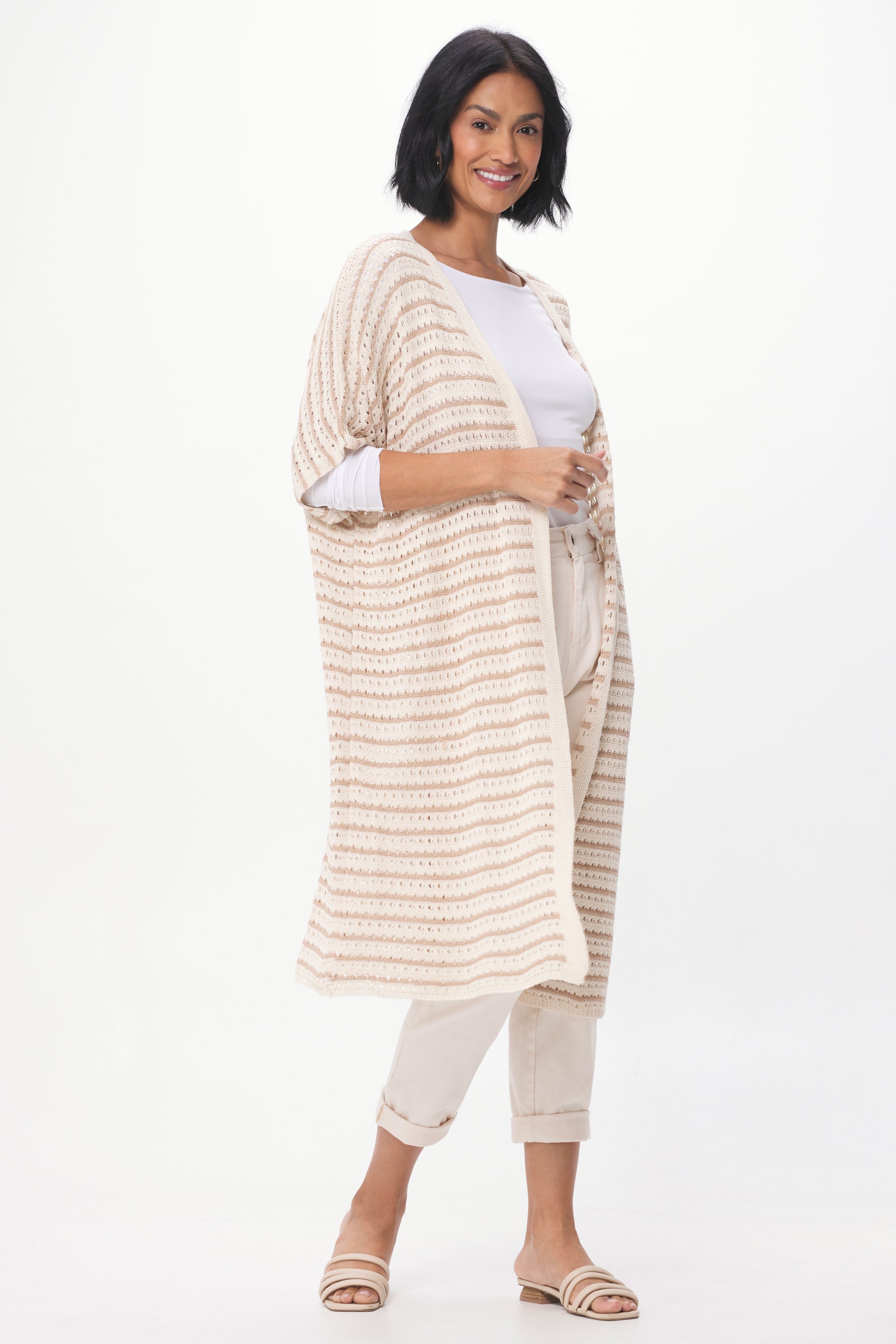 Florencia Stripe Crochet Long Knit Open Cardigan - Suzy D London