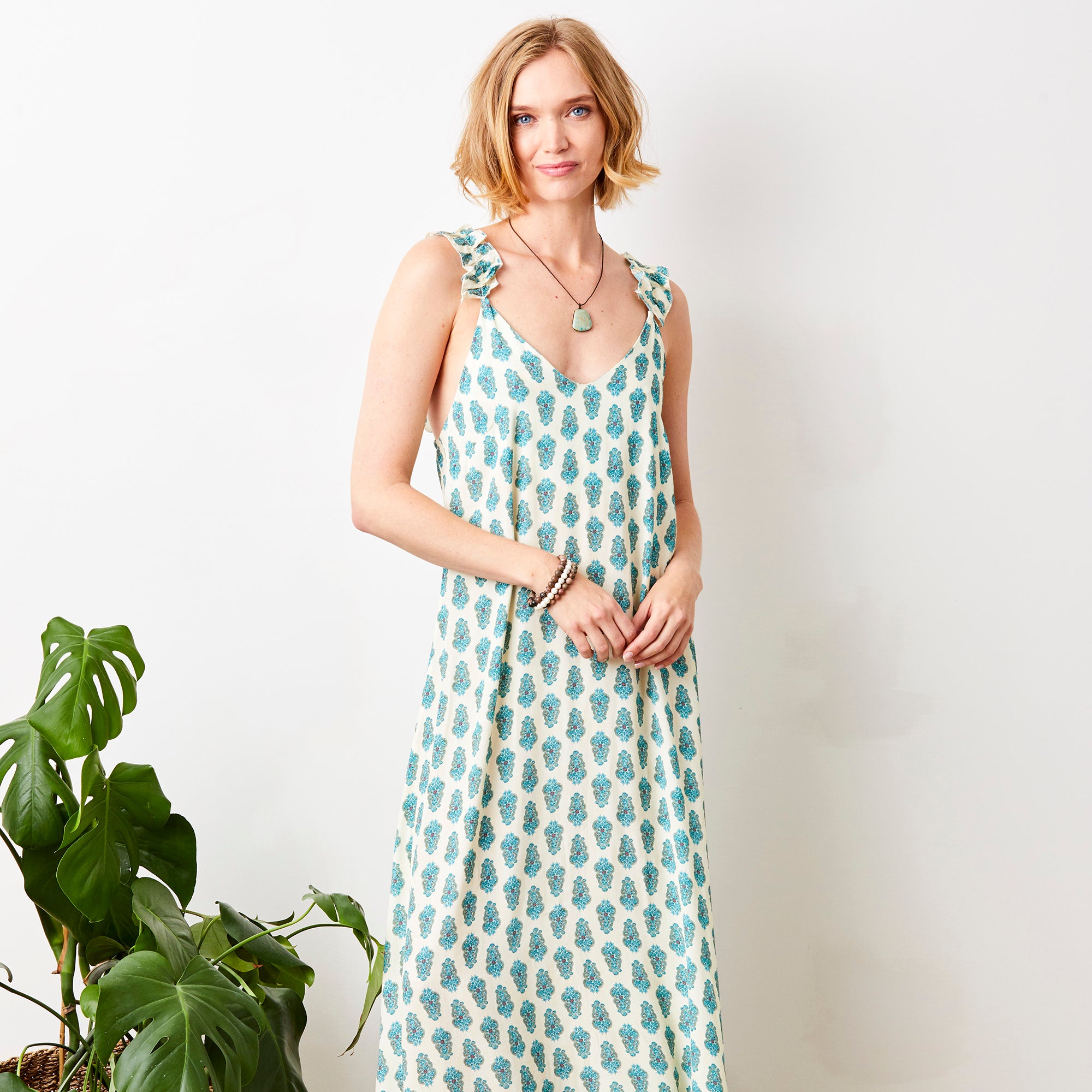 Geranium Print Crepe Maxi Dress With Frill Straps - Suzy D London