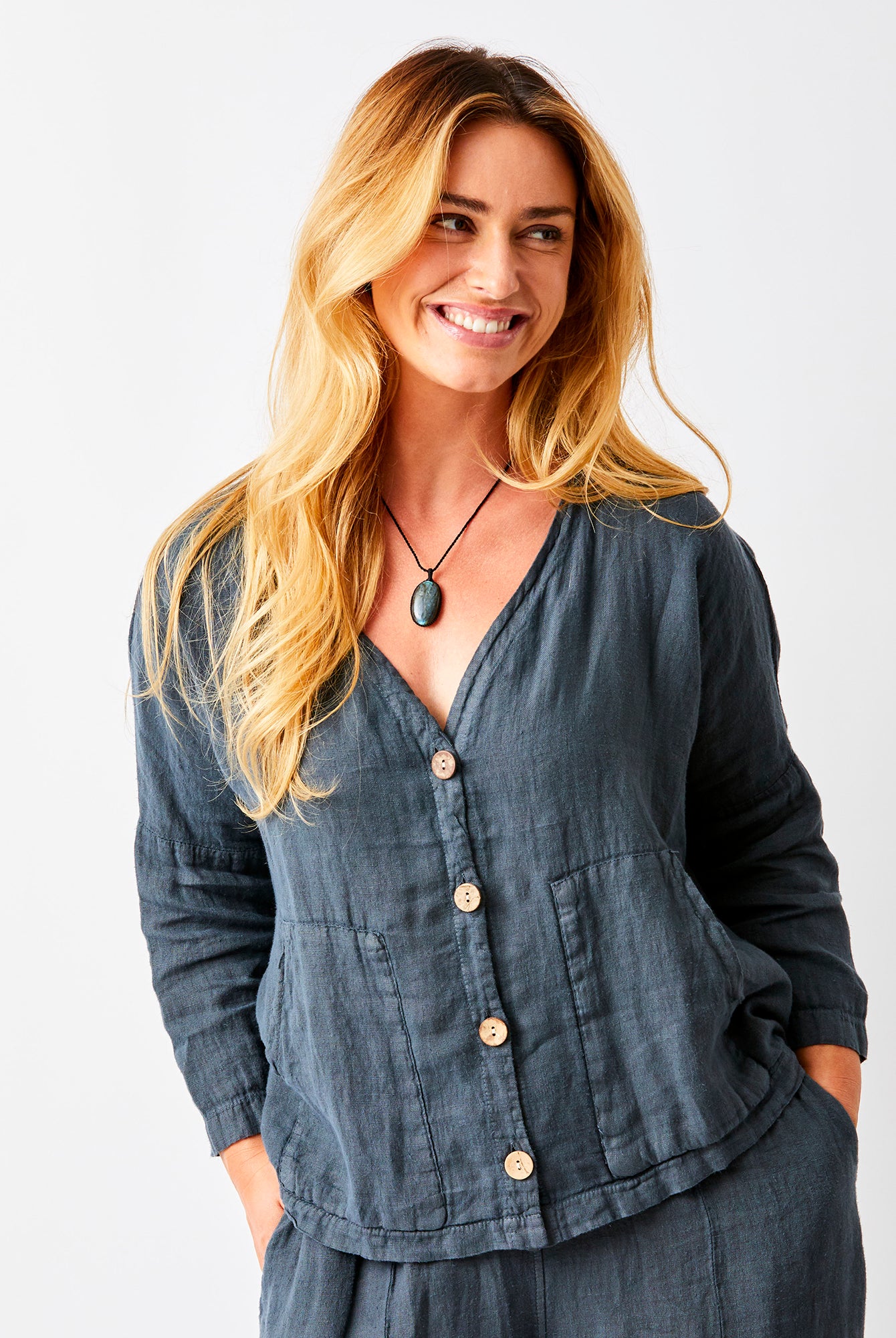 Saffron Linen Jacket With Wooden Buttons - Suzy D London
