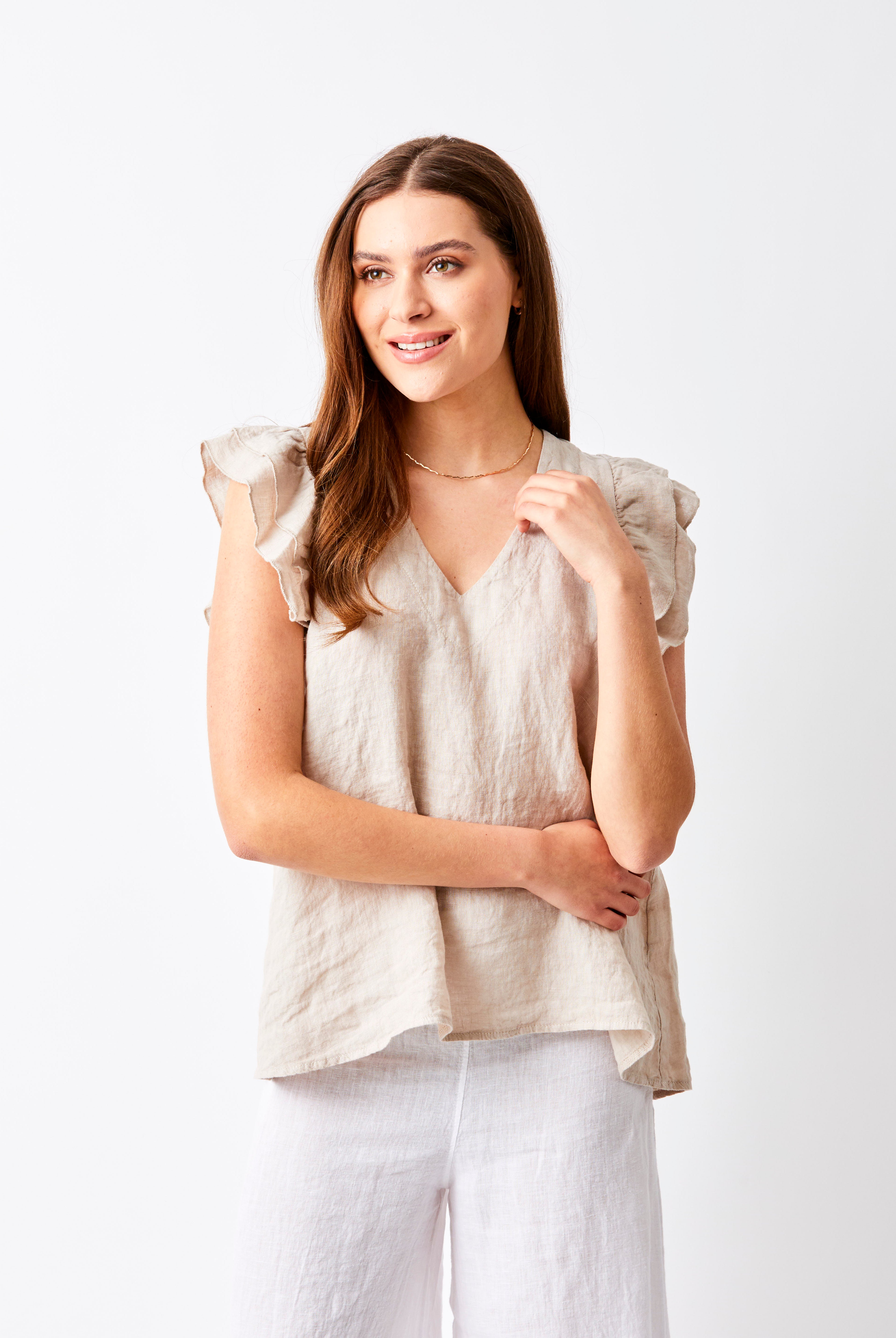 Santiago V Neck Frill Sleeve Linen Tee - Suzy D London