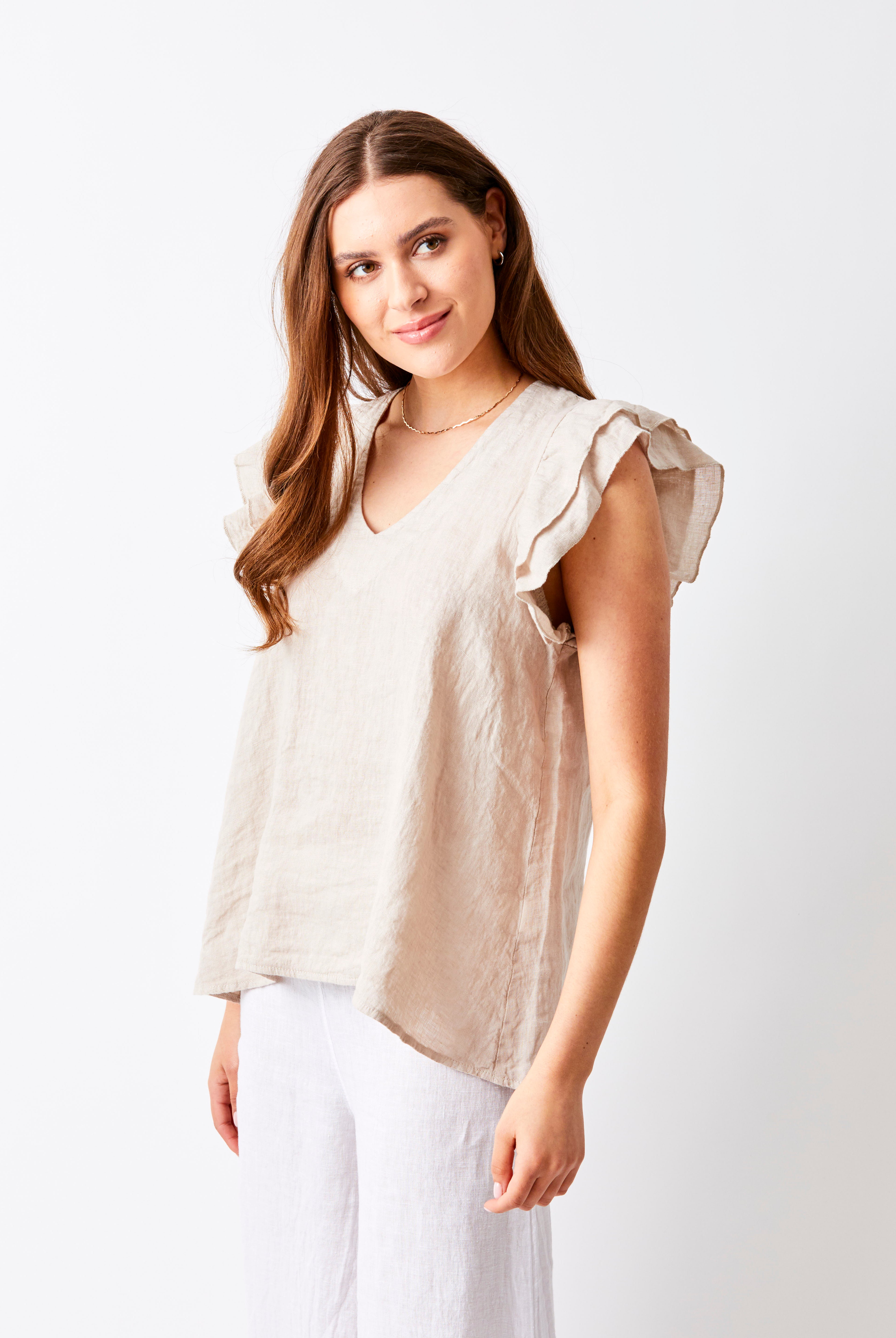 Santiago V Neck Frill Sleeve Linen Tee - Suzy D London