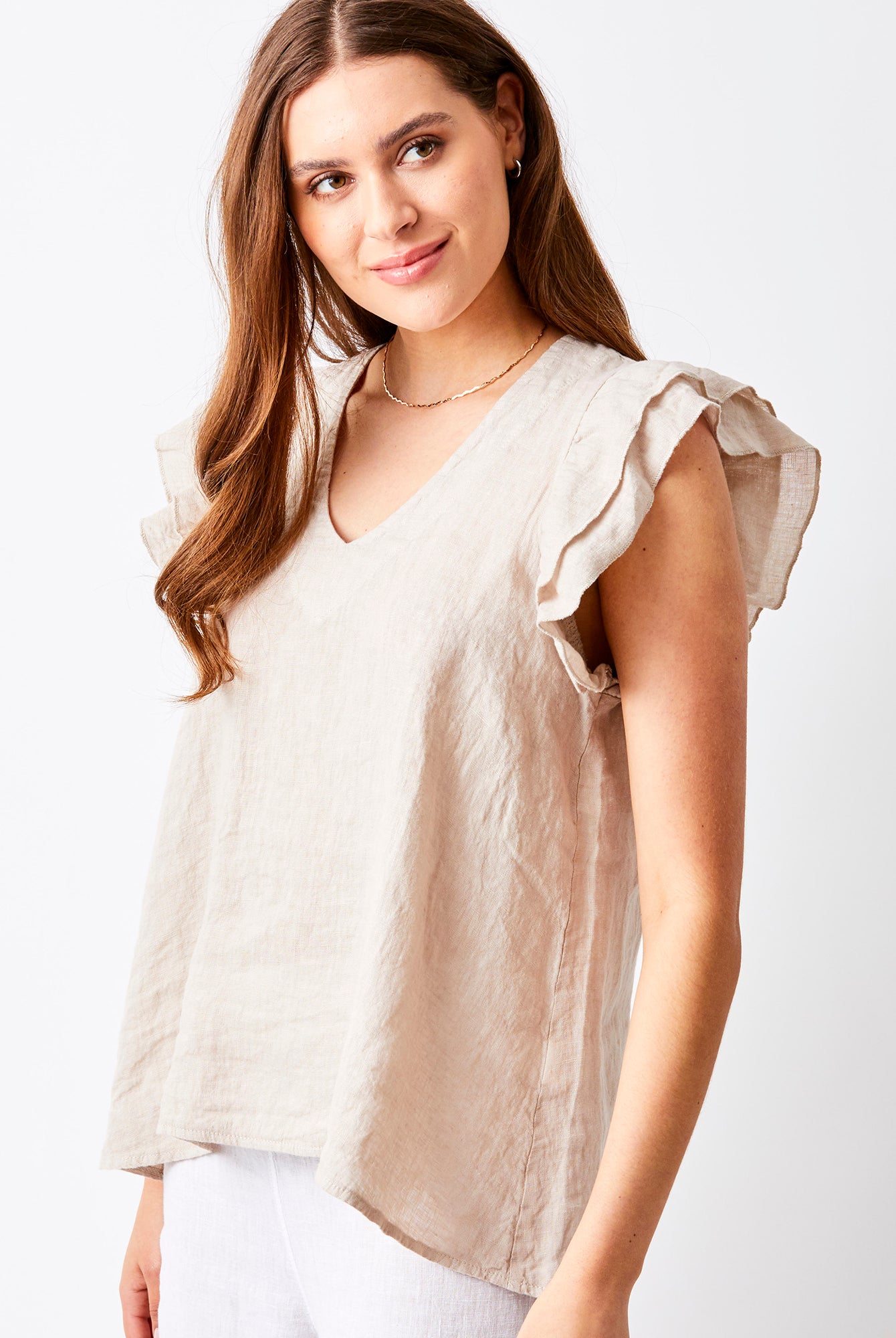 Santiago V Neck Frill Sleeve Linen Tee - Suzy D London