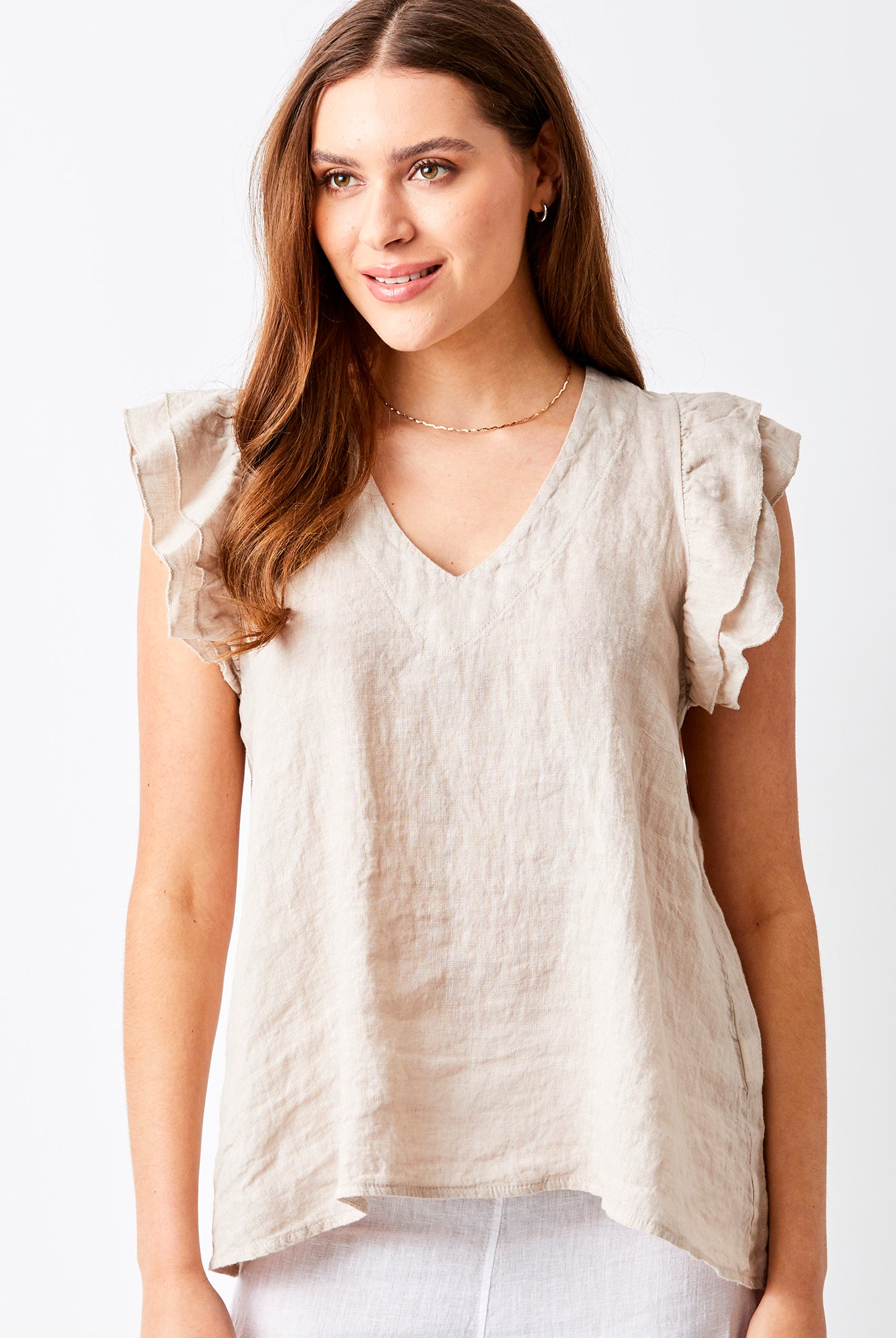 Santiago V Neck Frill Sleeve Linen Tee - Suzy D London