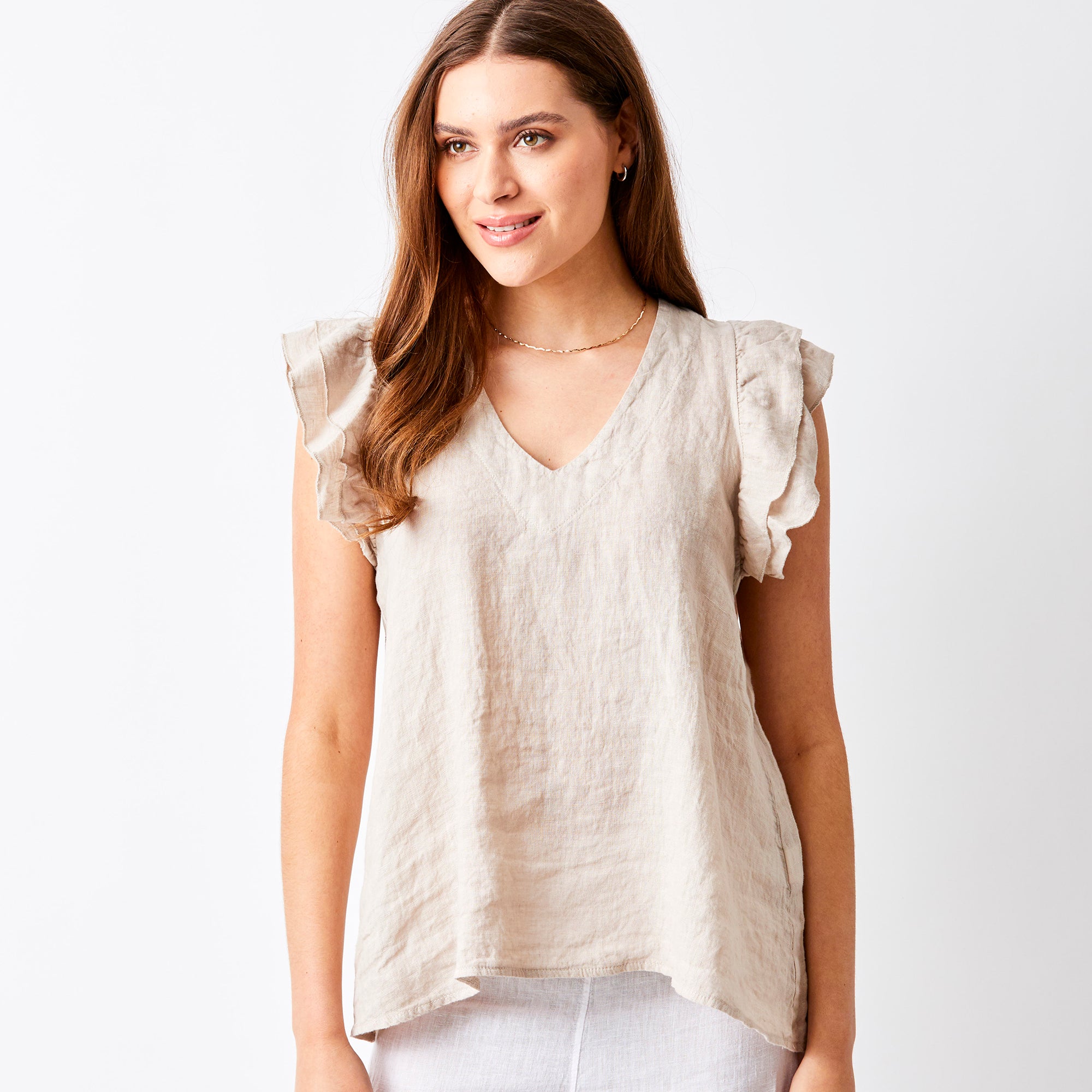 Santiago V Neck Frill Sleeve Linen Tee - Suzy D London