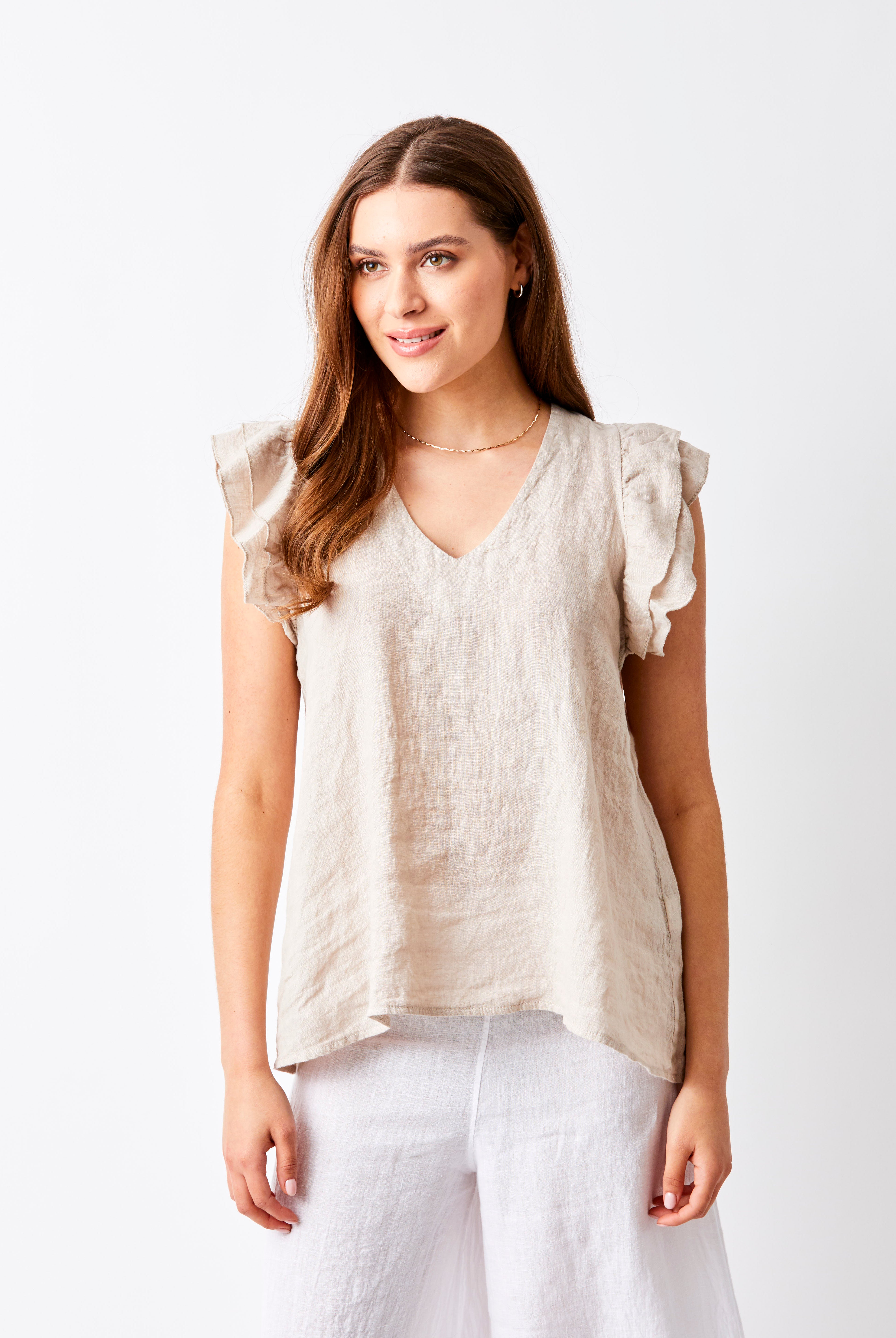 Santiago V Neck Frill Sleeve Linen Tee - Suzy D London