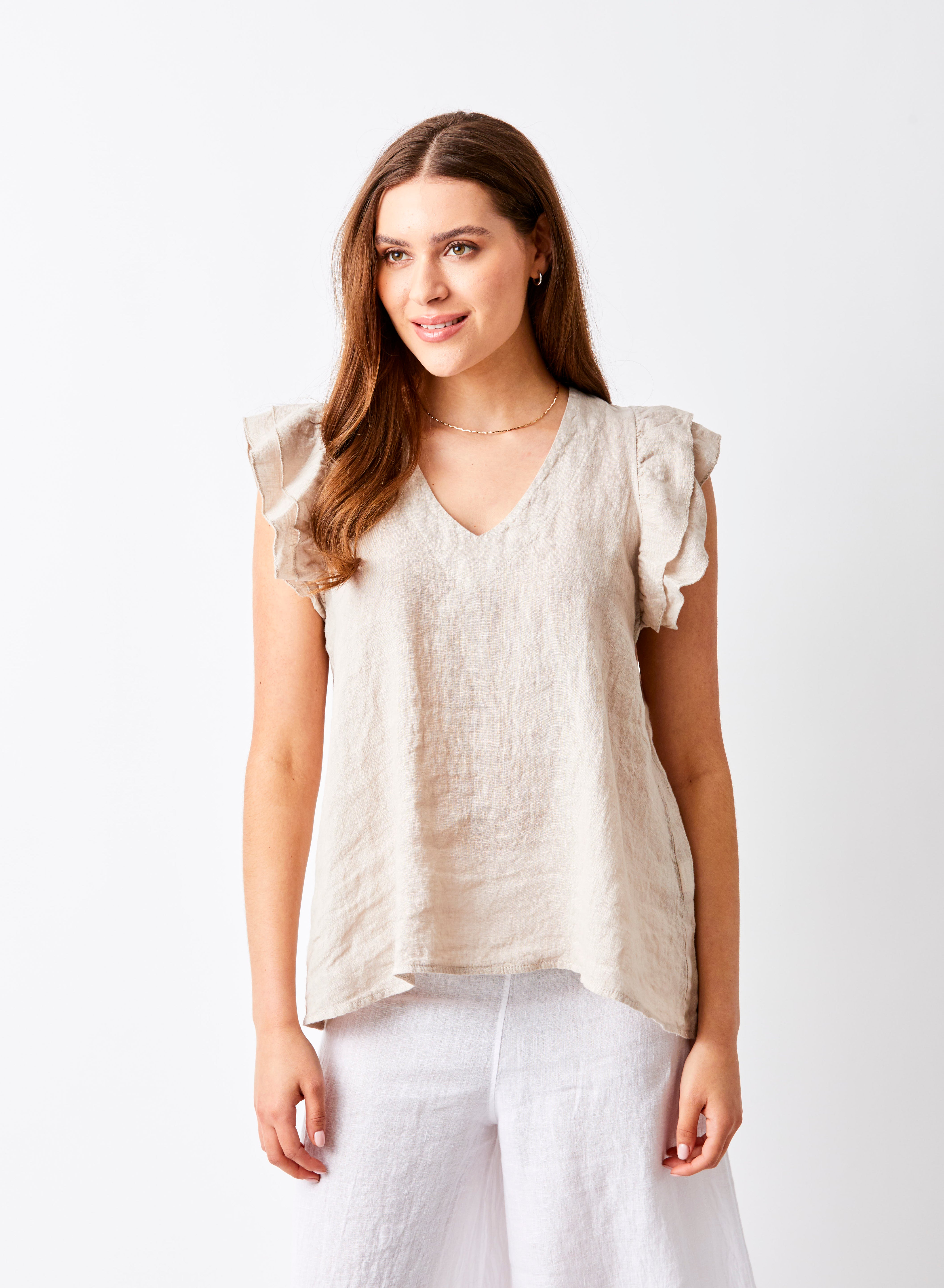 Santiago V Neck Frill Sleeve Linen Tee - Suzy D London
