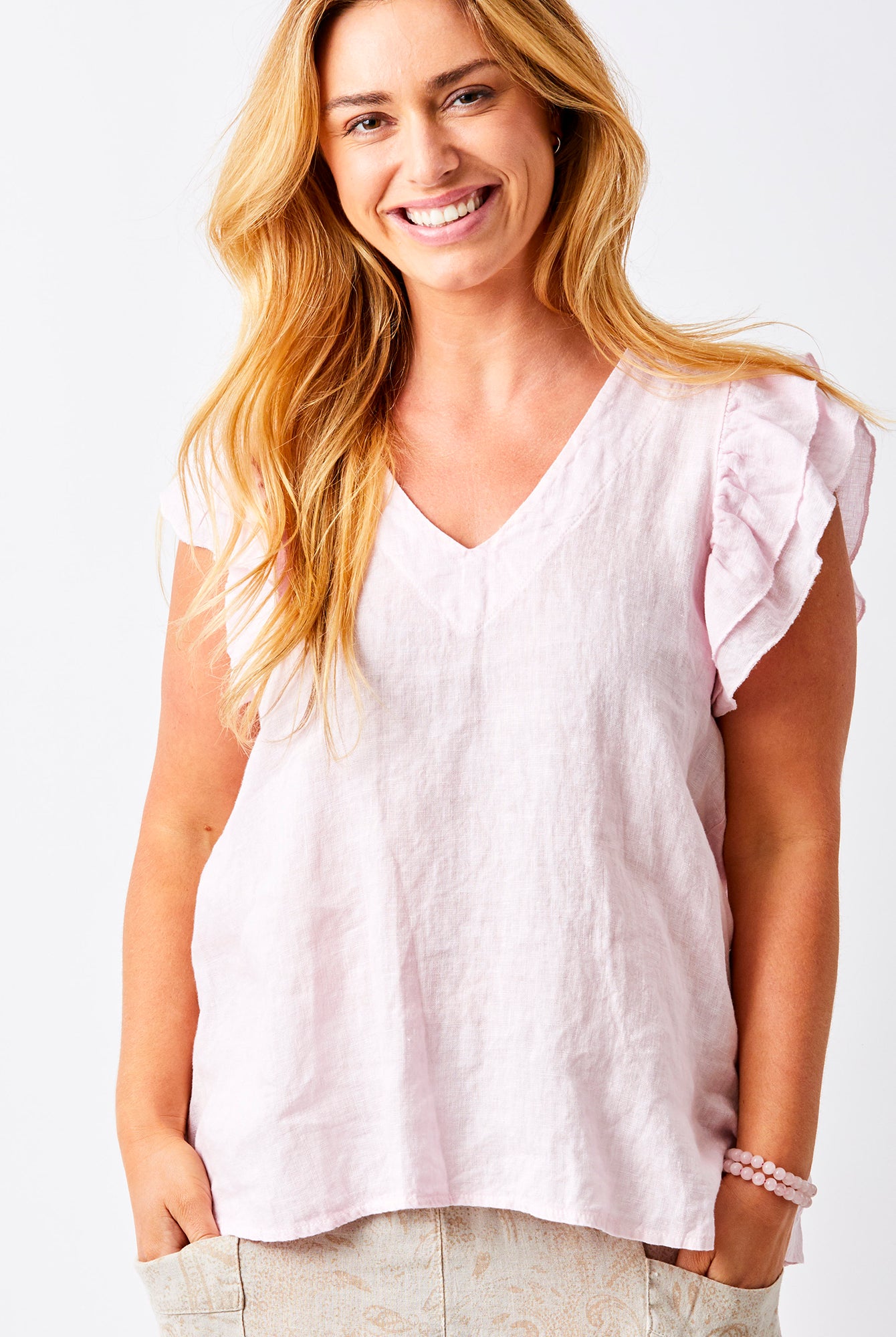 Santiago V Neck Frill Sleeve Linen Tee - Suzy D London