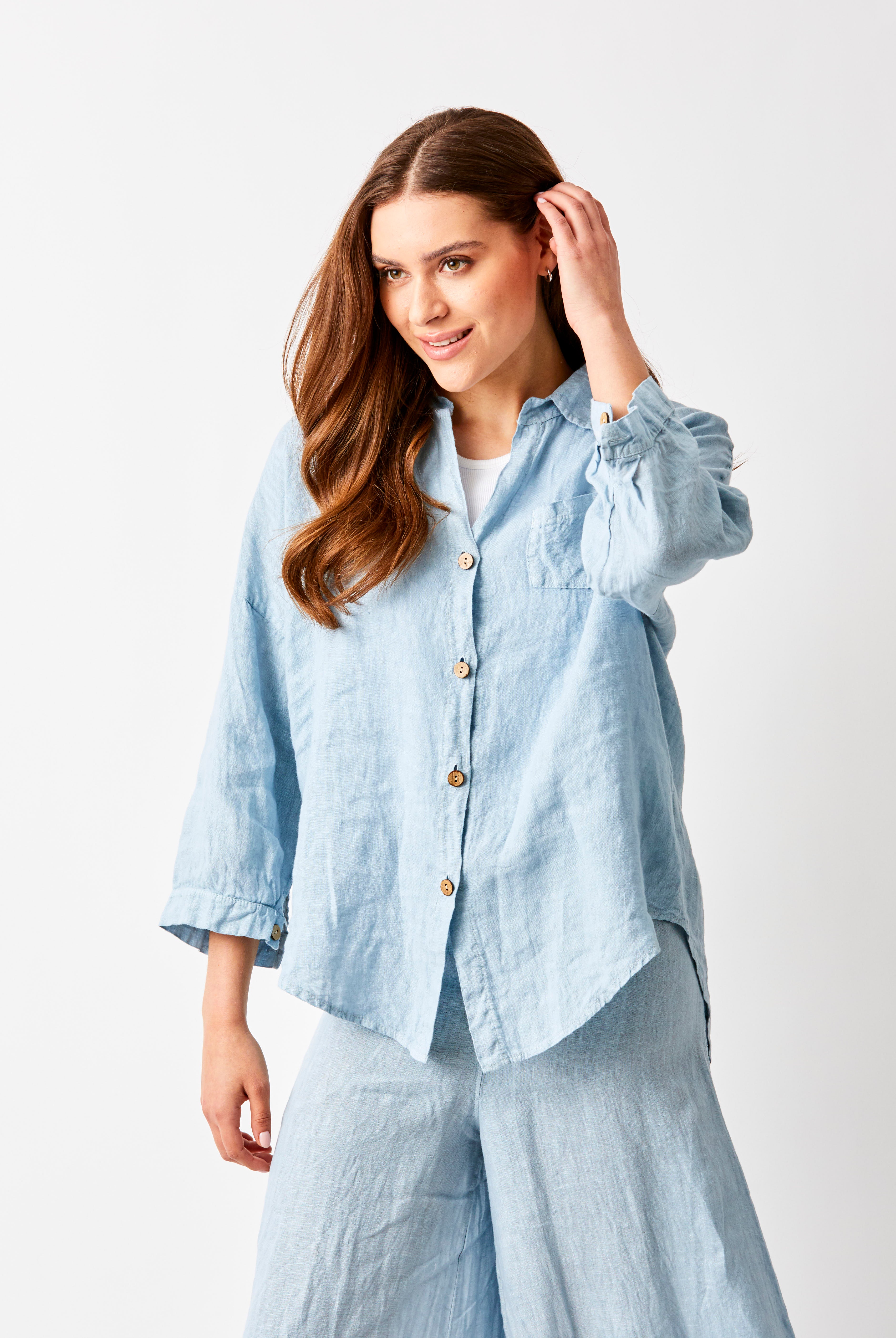 Sapphira Linen Shirt With Side Splits and Pocket - Suzy D London