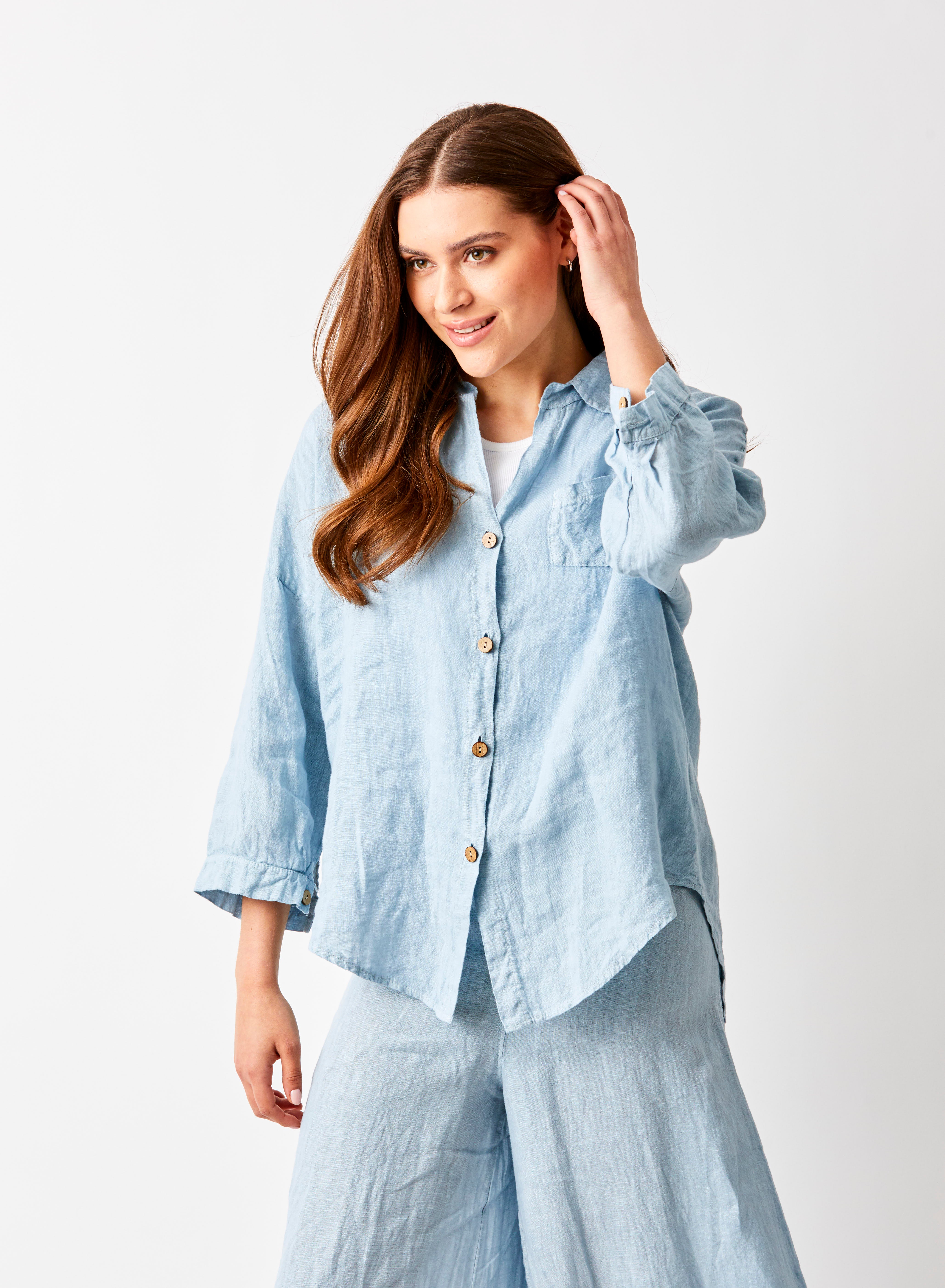 Sapphira Linen Shirt With Side Splits and Pocket - Suzy D London