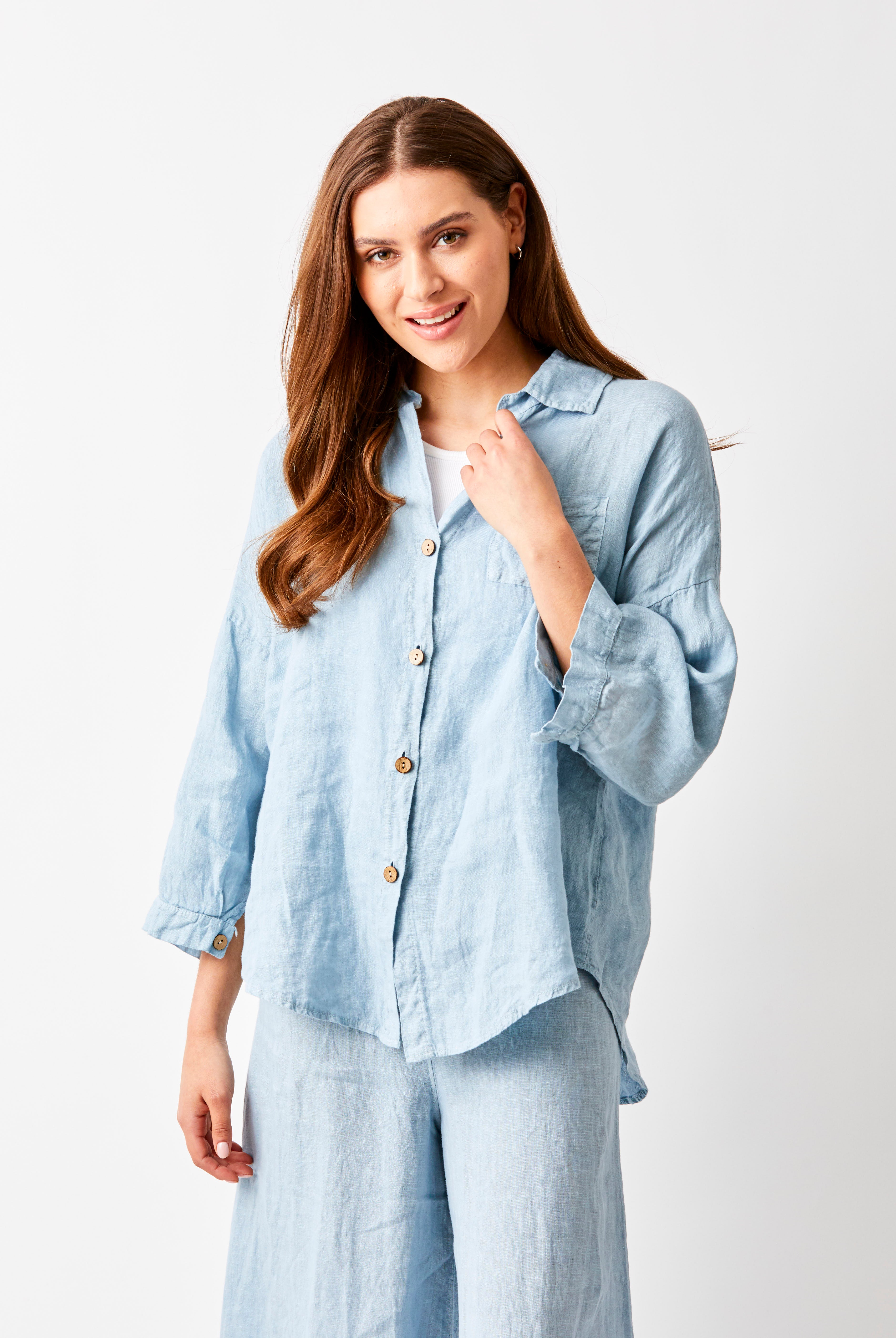Sapphira Linen Shirt With Side Splits and Pocket - Suzy D London