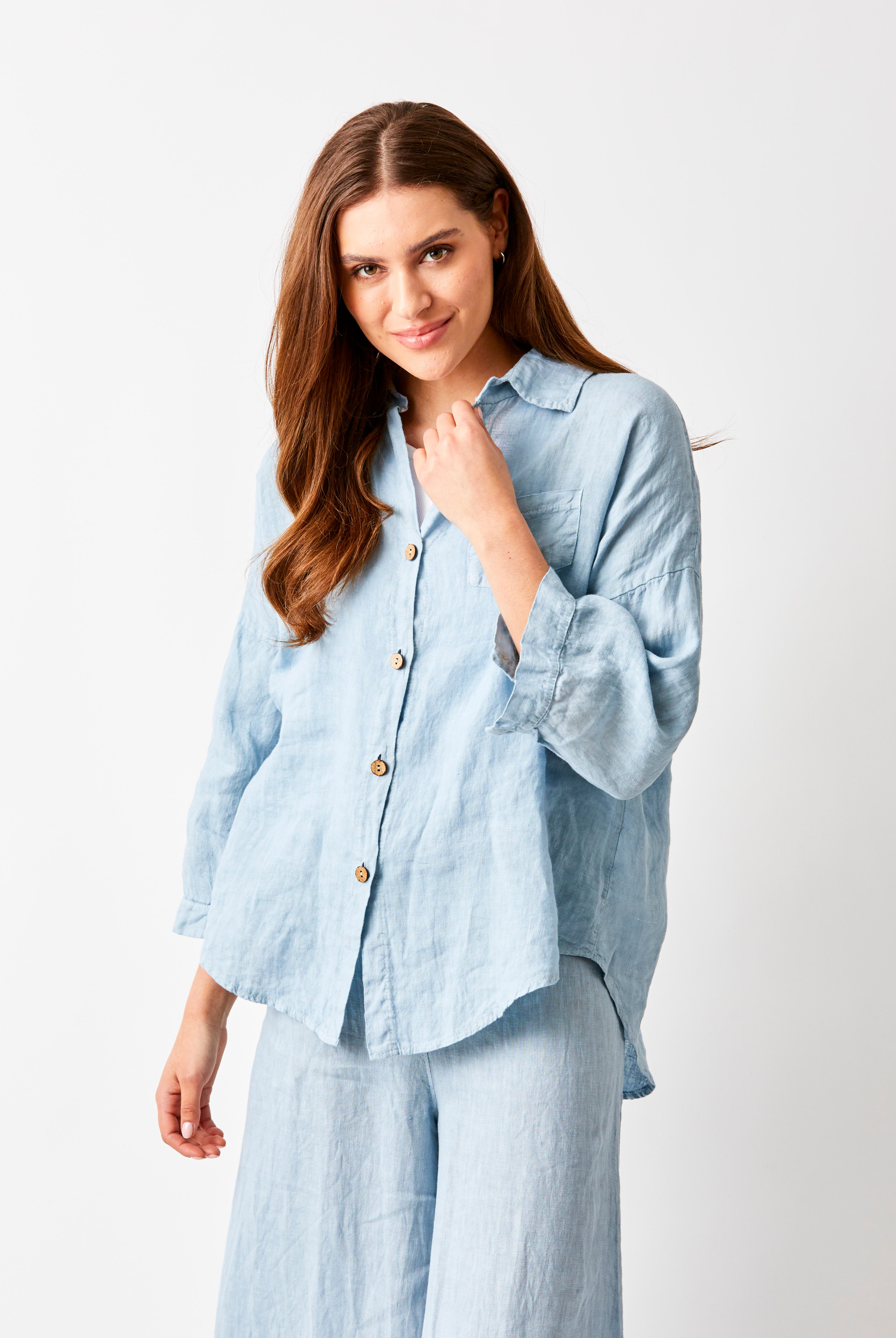 Sapphira Linen Shirt With Side Splits and Pocket - Suzy D London