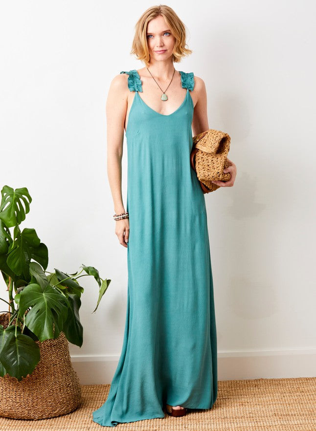 Geranium Crepe Maxi Dress With Frill Straps - Suzy D London