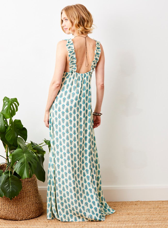 Geranium Print Crepe Maxi Dress With Frill Straps - Suzy D London
