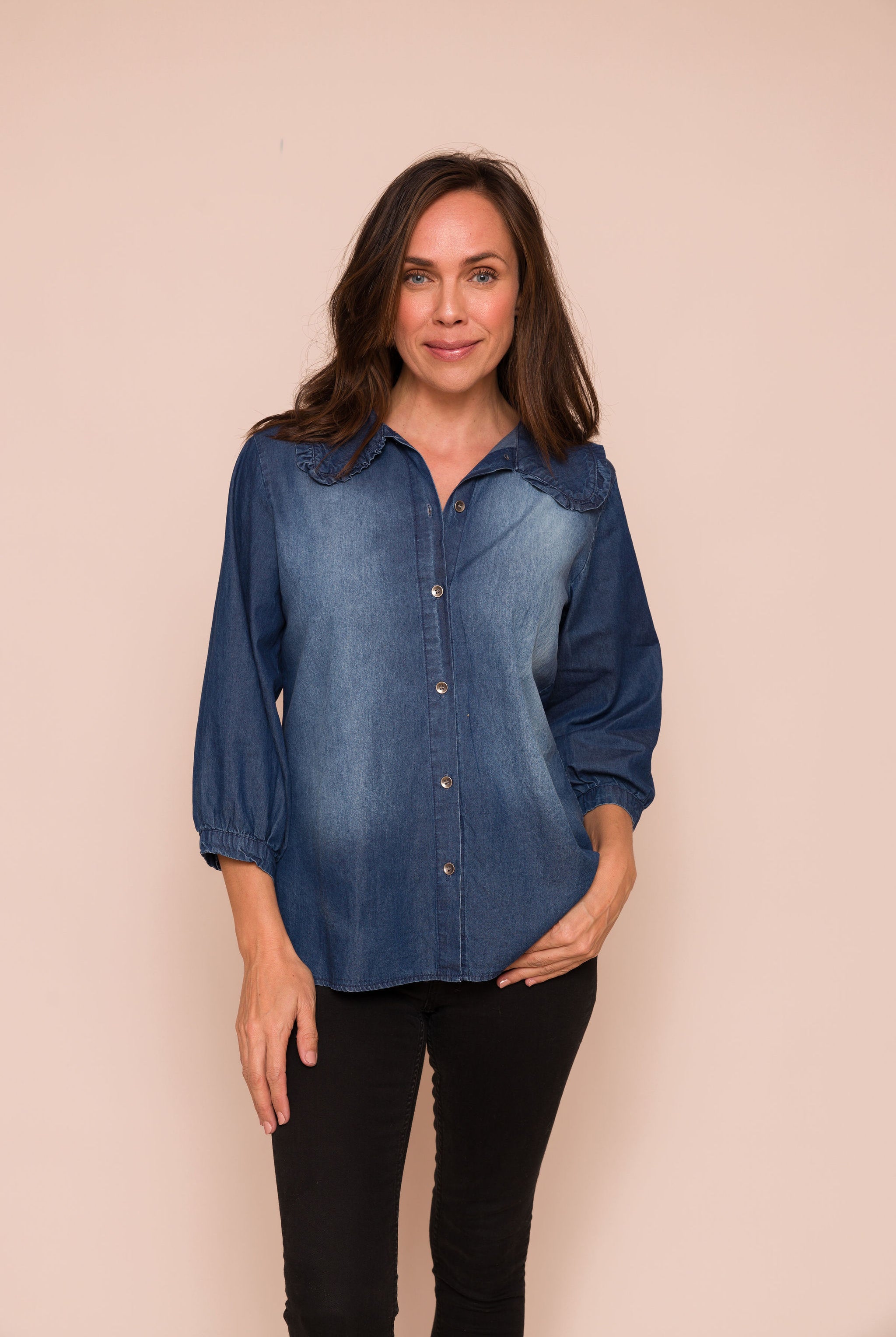 TAMARA FRILL SHIRT STRETCH DENIM SUZY D