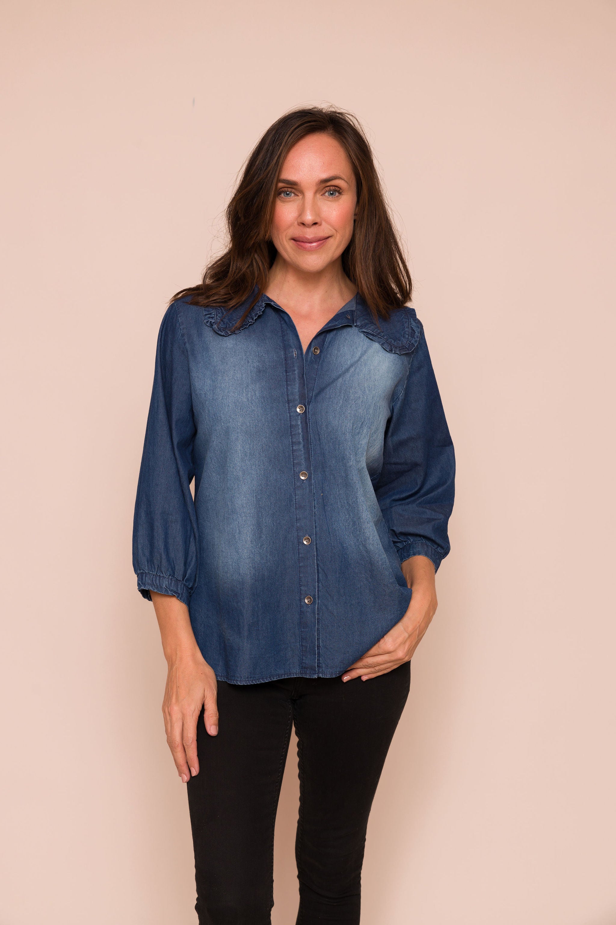 TAMARA FRILL SHIRT STRETCH DENIM SUZY D